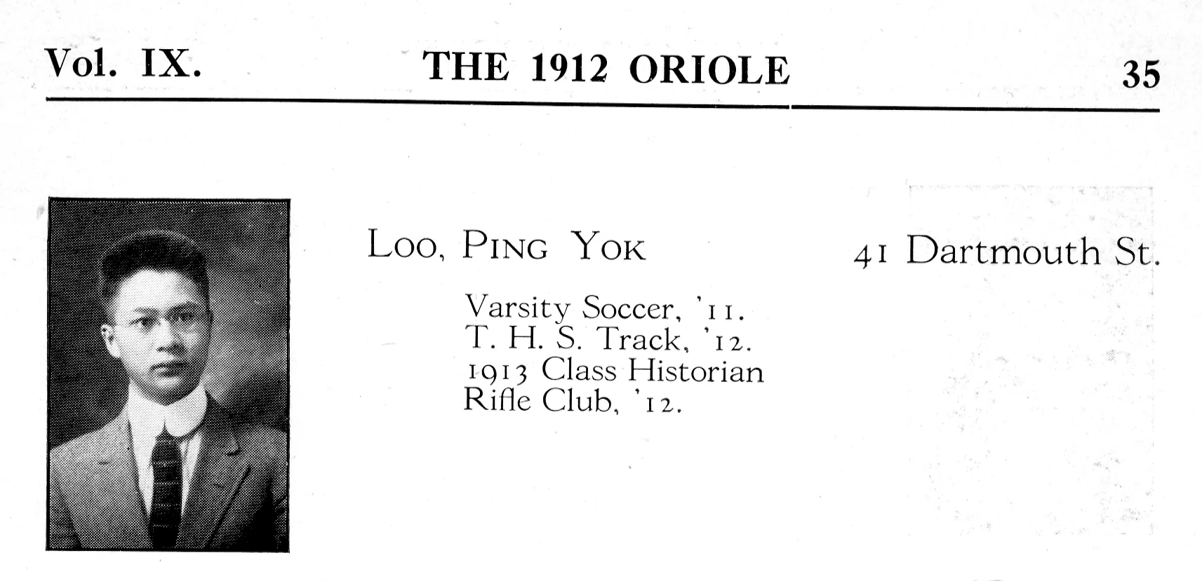 PY Loo in The Oriole , Springfield Technical High School, 1912. Courtesy Archives, Springfield History Museum.