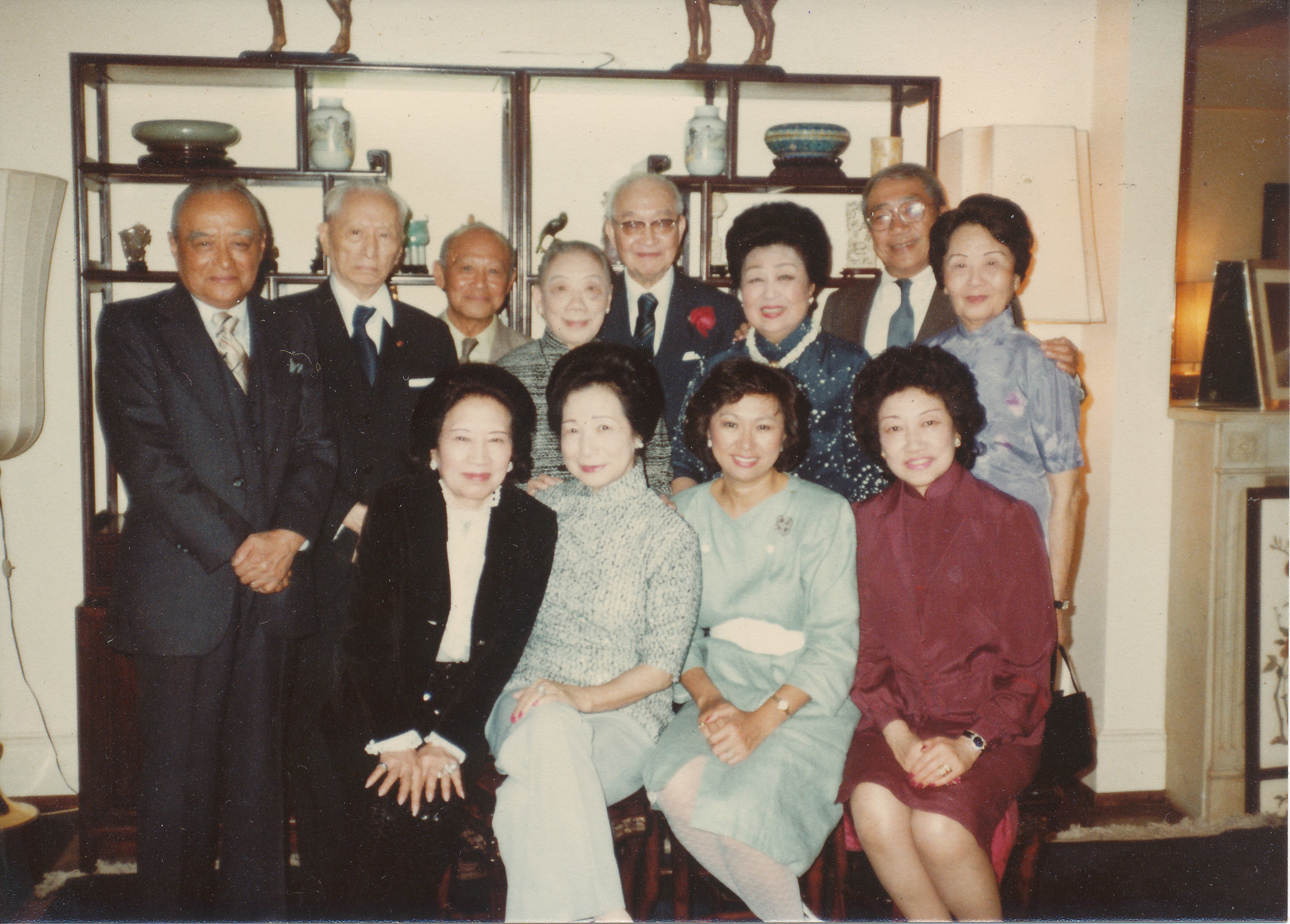 Back row left to right: YL Chang (longtime banker at the World Bank), Wellington Koo (Chinese diplomat), Wally Kwok , JT Chu (chairman of Shanghai Commercial Bank), Mrs JT Chu, Mrs. Wellington Koo (Juliana Yen), TC Hsu (longtime head of Starr Foundation), Jane Wen (niece of diplomat Alfred SK Sze and wife of Dr YC Wen). Front row left to right: Aileen Pei (stepmother of I.M. Pei), Julie Kwok (wife of Wally) Shirley Young (daughter of Mrs Koo, former GM executive and Committee of 100 member), Joan Chu (daughter of JT Chu), ca. 1980. Courtesy Leonard Woo. 