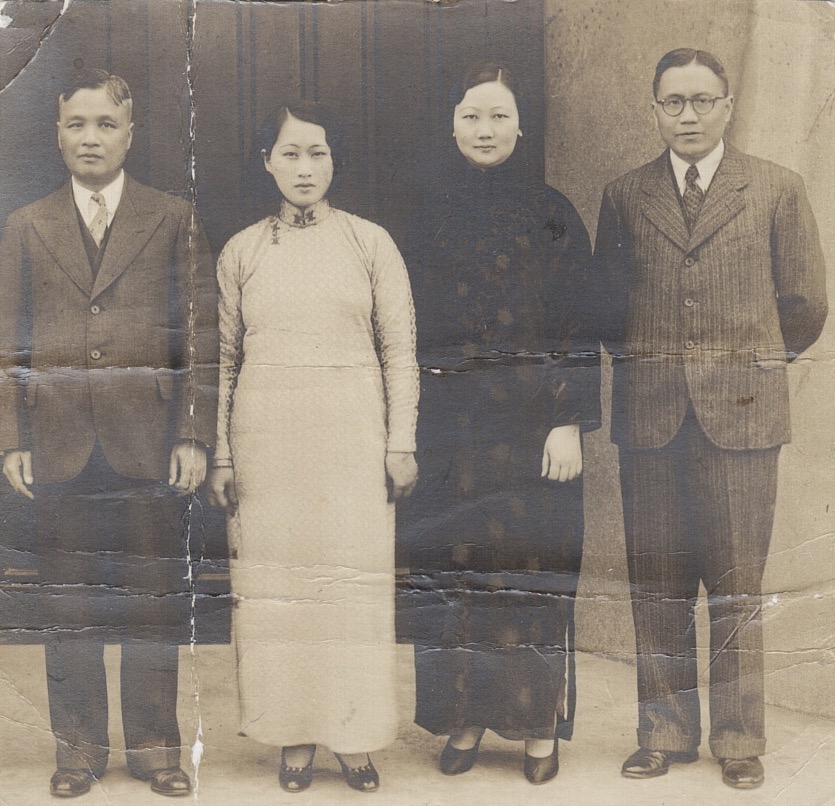 Han Ho Huang (far right) and wife Peggy Chiu , with older brother Han Liang Huang and second wife Zing Wei Tang, outside the American Community Church on Avenue Petain (now Hengshan Lu) in Shanghai in 1933. Han Ho and Peggy were active members of the church and from the late 1930s lived down the street. Photo courtesy Dede Huang.