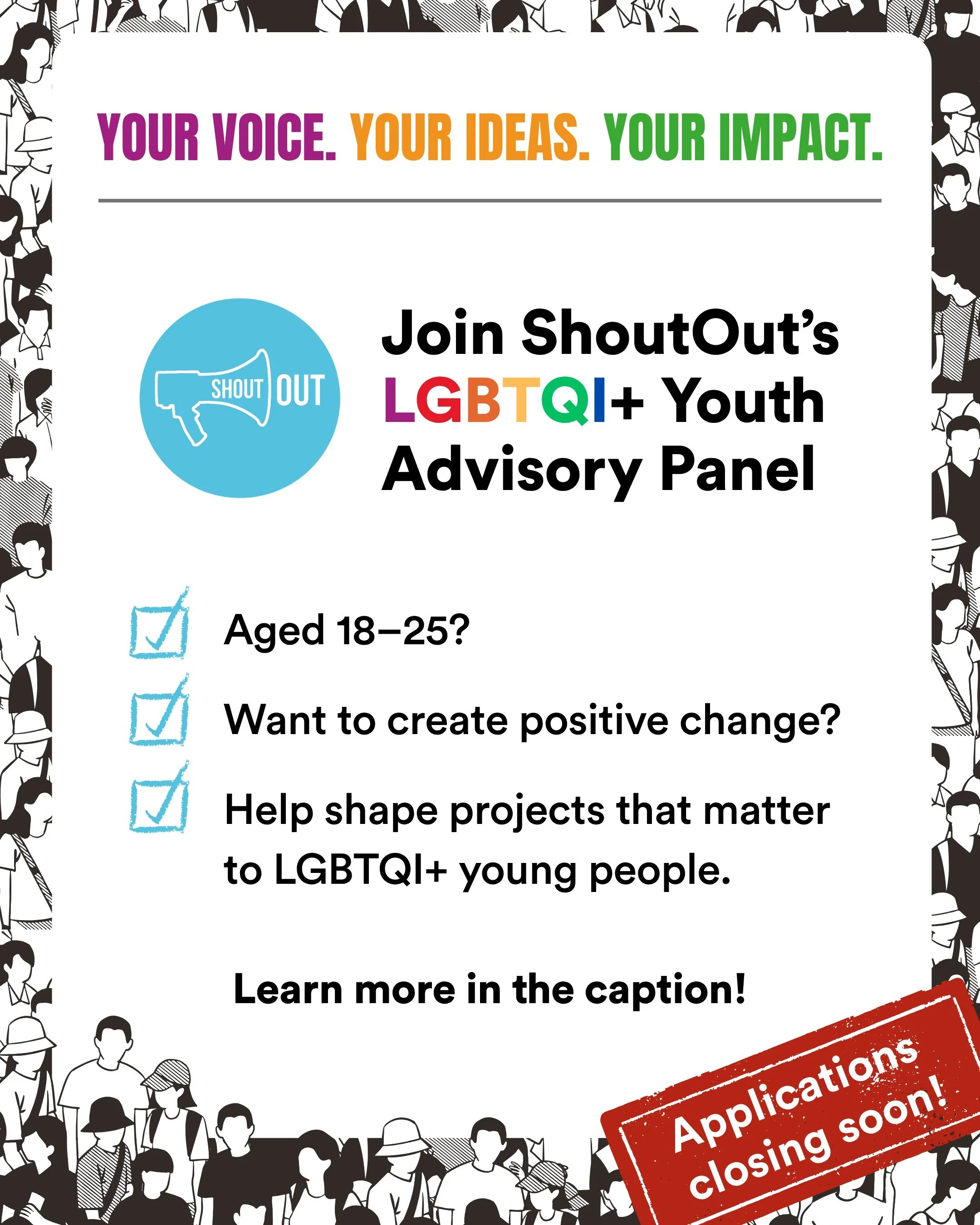 🚨 Don't miss out! Applications are closing soon. Join ShoutOut&rsquo;s Youth Advisory Panel! 🚨

Join our youth advisory panel and make a difference for LGBT youth in Ireland! 🏳️&zwj;⚧️🏳️&zwj;🌈 

This is your opportunity to let your voice be hear