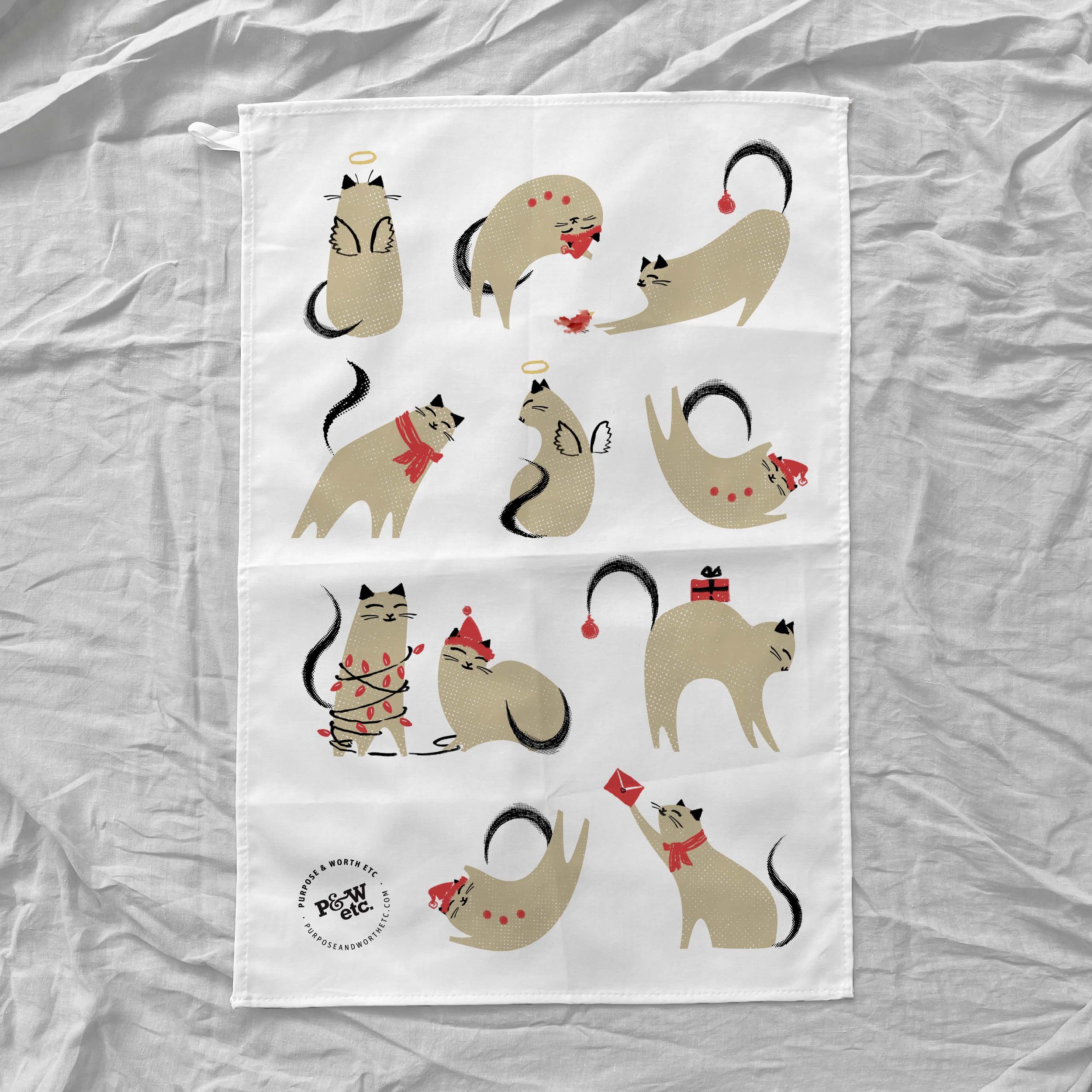 Christmas cats tea towel