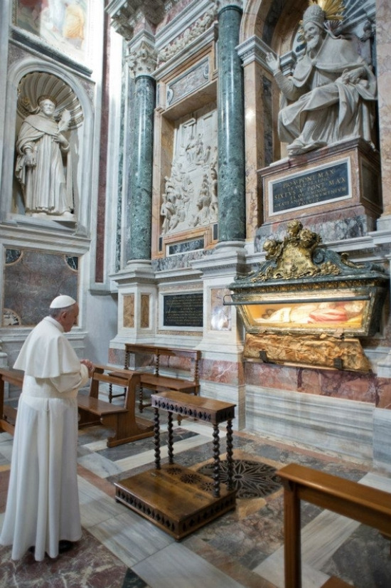 On March 14, barely 12 hours after his election, Pope Francis quietly left the Vatican early on Thursday to pray for guidance at a Rome Basilica of Santa Maria Maggiore, the oldest church in the world dedicated to our Blessed Mother, Mary. He is pictured here prayerfully visiting the tomb of Pope St. Pius V (1566-1572) whose incorruptible body has lain entombed here since 1698. Pope Francis also prayed before a famous icon of the Madonna called the Salus Populi Romani , or Protectress of the Roman People .