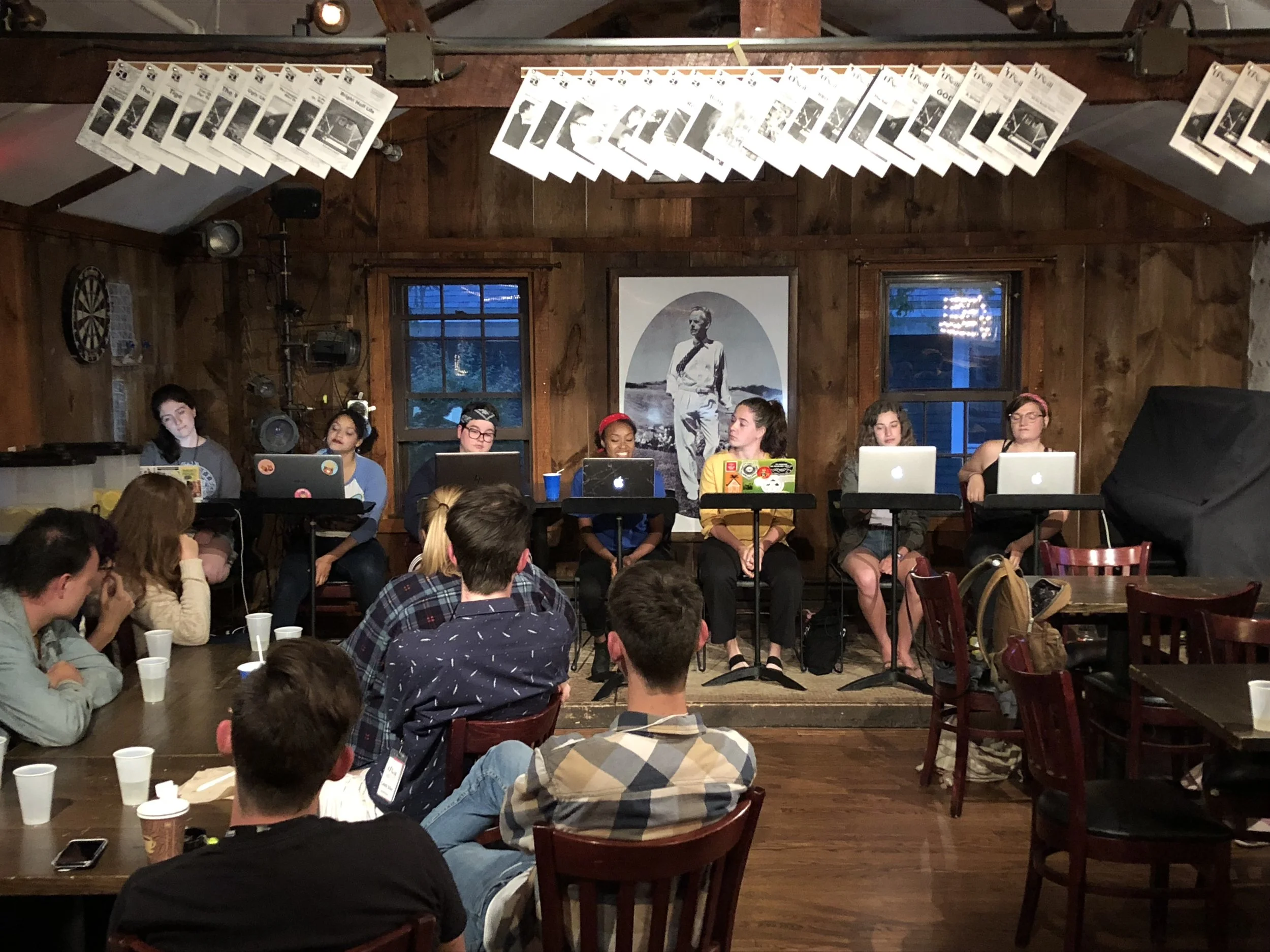 The Command Center Outside of Angel Grove, California had its first open reading at Blue Gene's Pub at the Eugene O'Neill Theater Center on June 1, 2018. The reading featured (L-R) Jenna Doherty (Stage Directions), Alizae Powell (Blue), Lilly Sheridan (Black), Danielle Phillips (Red), Dani Schlenker (Yellow), Talia Frank-Stempel (Green), and Lydia Faith (Pink). 