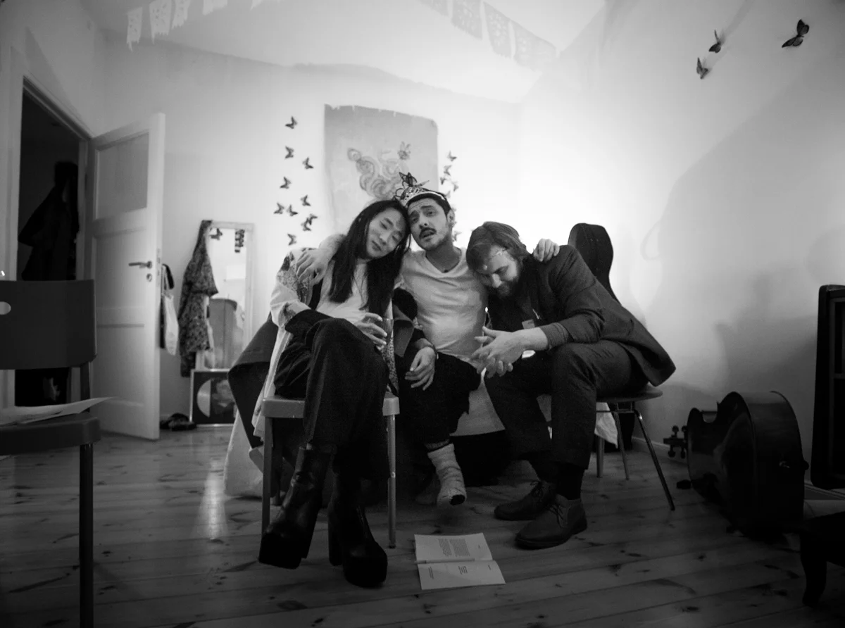 Left to right: director and choreographer Troels Primdahl, myself and composer and musician, Anthime Miller after dying a thousand times the night of my 34th winter. Neukölln, Berlin, Germany. February 2018.