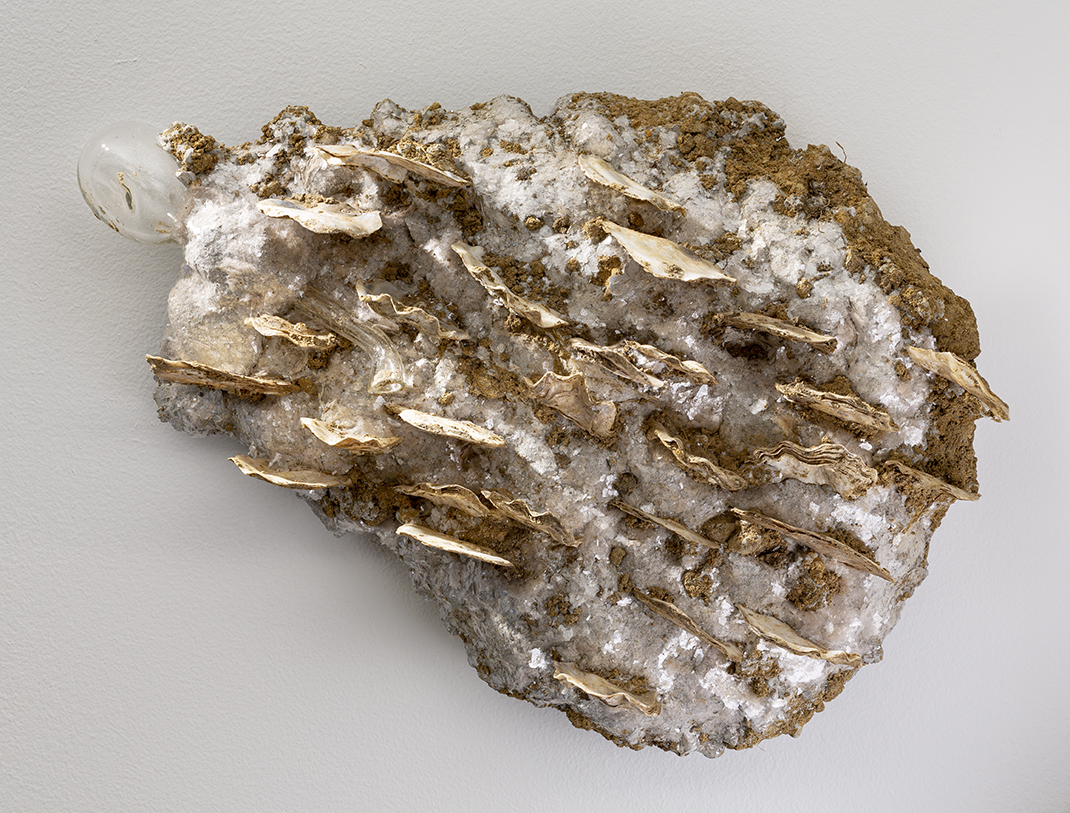 Buden, Alta, Lamina, 2019, Rockite, oyster shells, mica, handblown glass, dirt, 14 x 9 x 3 inches.jpg