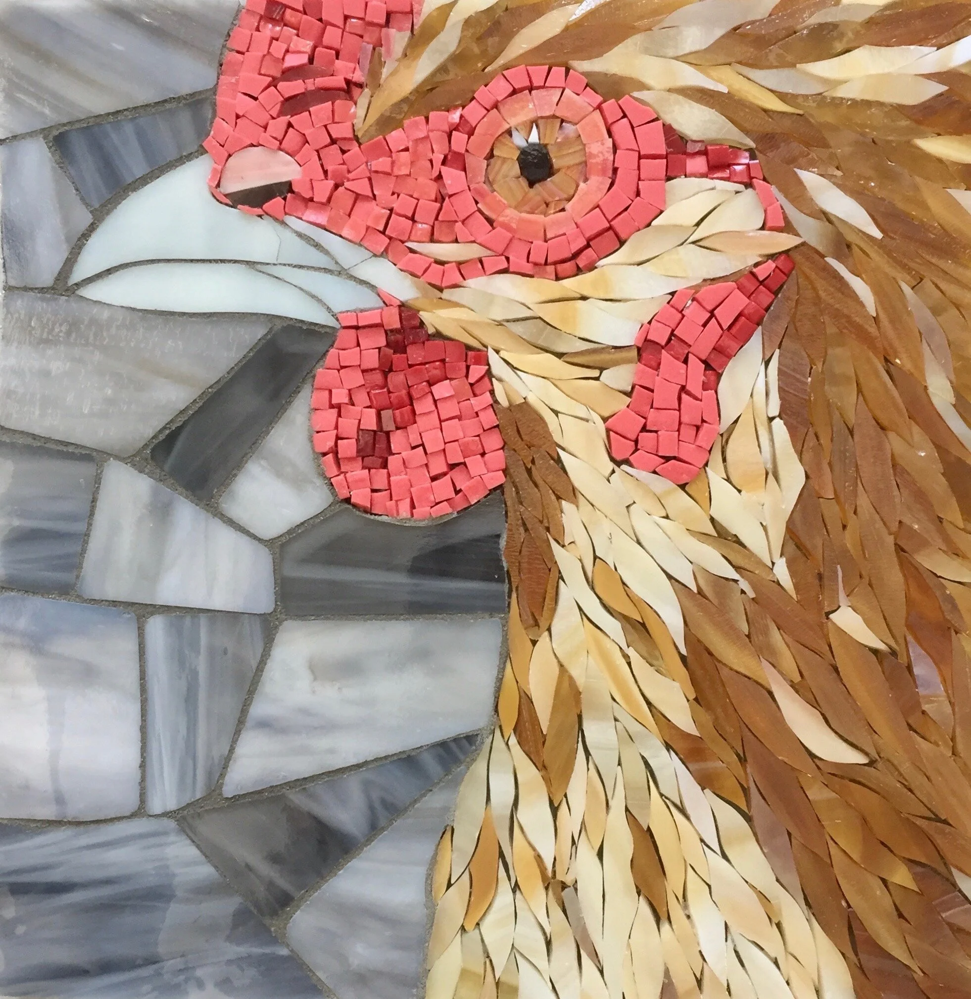   Rachel's Chick   Stained glass, smalti, recycled glass  8 x 8  Available 