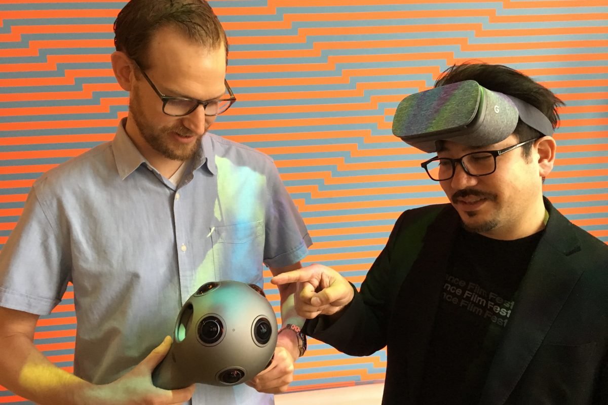 Kevin Ritchie (left) and Ricardo Rivera show off the multi-lens Nokia VR camera and Google eyewear that Klip Collective used to shoot and view their immersive training day video for honeygrow. ( via Jonathan Takiff of Philly.com )