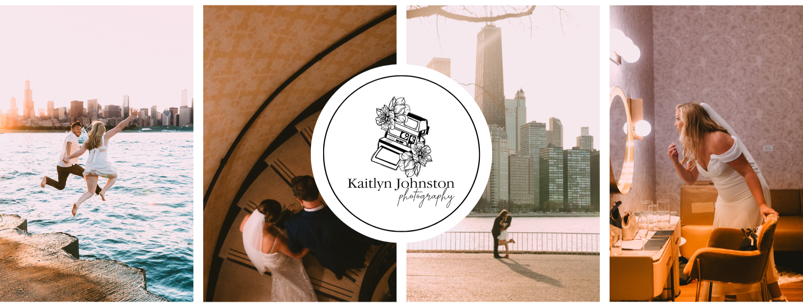 Collage of four wedding-related scenes: a couple jumping by a river with city skyline at sunset, a bride and groom inside a historic building with a clock, a couple embracing by a waterfront with city buildings in the background, and a woman in a wedding dress inside a bridal room. Central logo for Kaitlyn Johnston Photography, featuring a vintage camera and flowers.