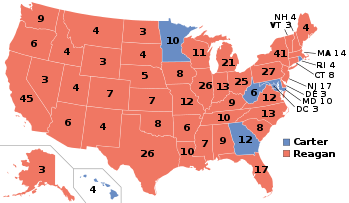 The 1980 Electoral map with red representing states won by Ronald Reagan.