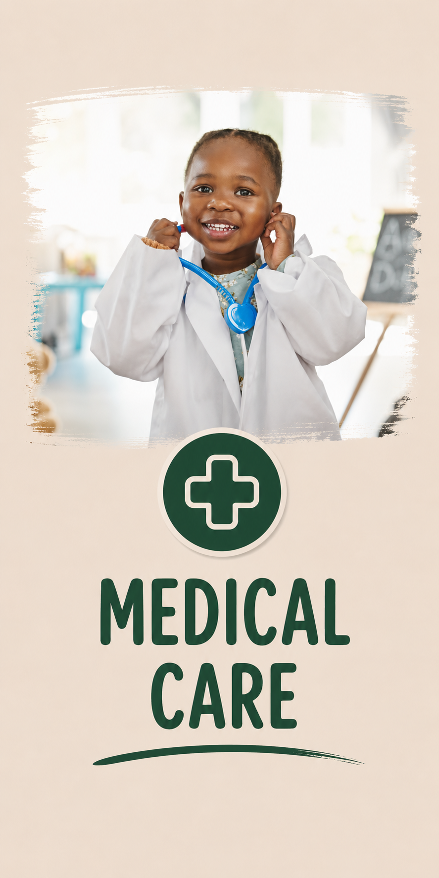 A smiling young child in a white doctor's coat with a blue stethoscope, standing in front of a medical care sign in a bright room.