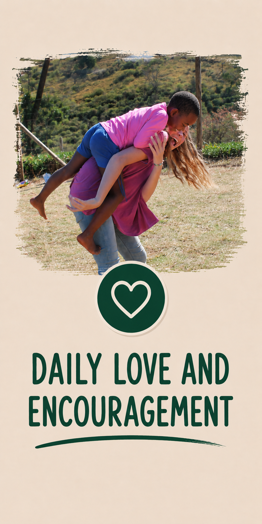 A woman is giving a piggyback ride to a young girl outdoors in a rural setting with hills and greenery in the background. The woman is smiling, and the girl is laughing.