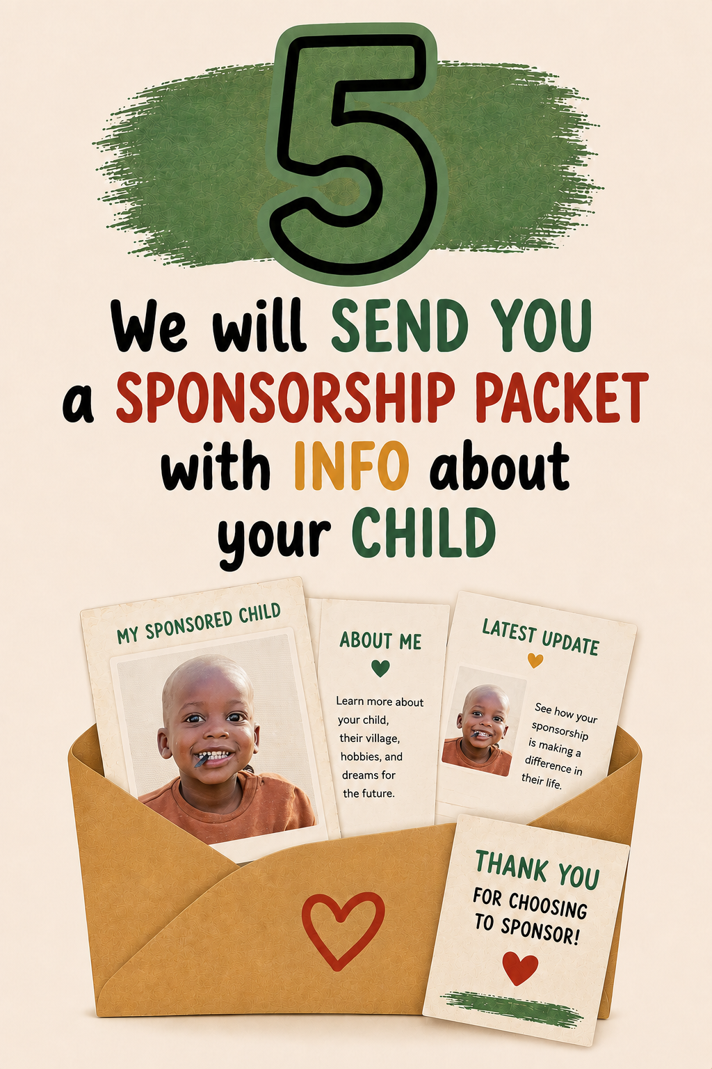 A promotional flyer showing a large green number 5 with a green splash background. Below the number, colorful text says, 'We will send you a sponsorship packet with info about your child.' There is an illustration of a tan envelope containing small cards with pictures and information about a sponsored child, including a smiling young boy, with additional cards titled 'My Sponsored Child,' 'About Me,' 'Latest Update,' and a thank You card.