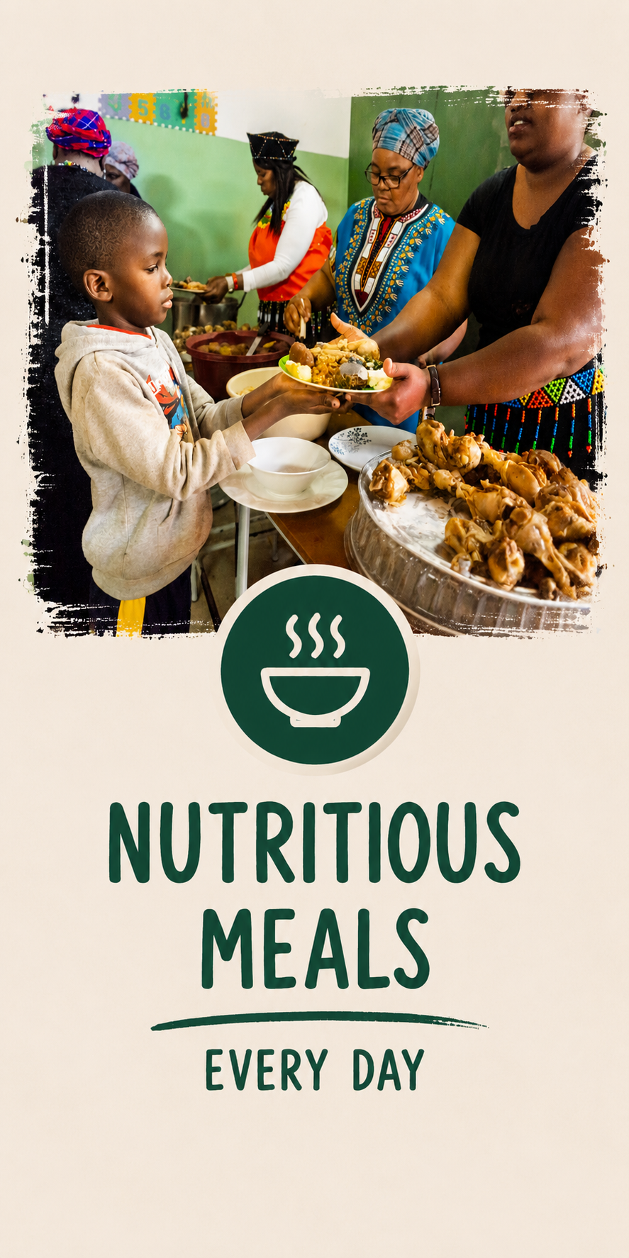 A group of people at a food service table with a sign that reads "Nutritious Meals Every Day." A boy is receiving food from a woman, with roasted chicken on the table, in a room with a green and white wall.