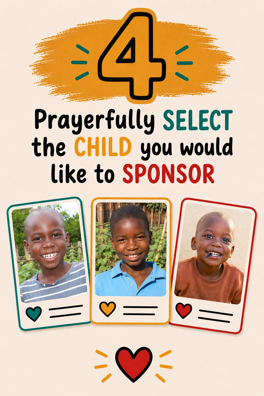 Poster encouraging prayerful selection of children to sponsor, featuring three smiling kids' photos with heart icons and colorful border frames.