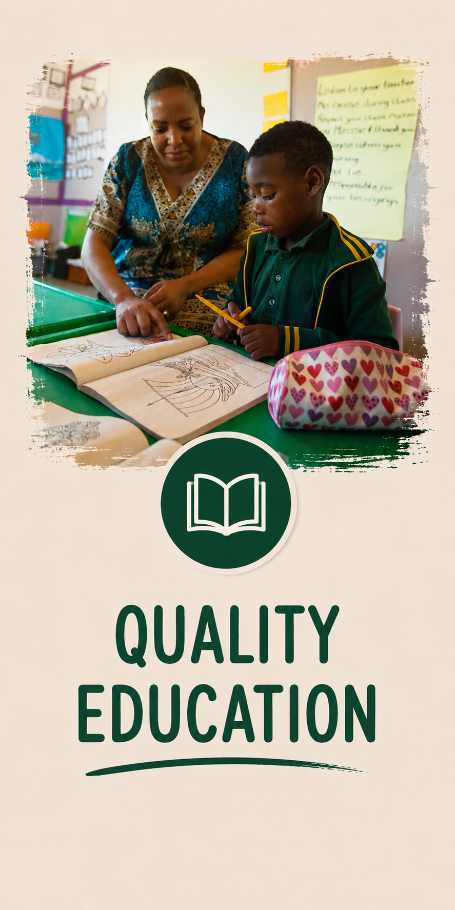 A teacher and a young student look at coloring pages in a classroom, with the words 'Quality Education' and an open book icon on the poster.