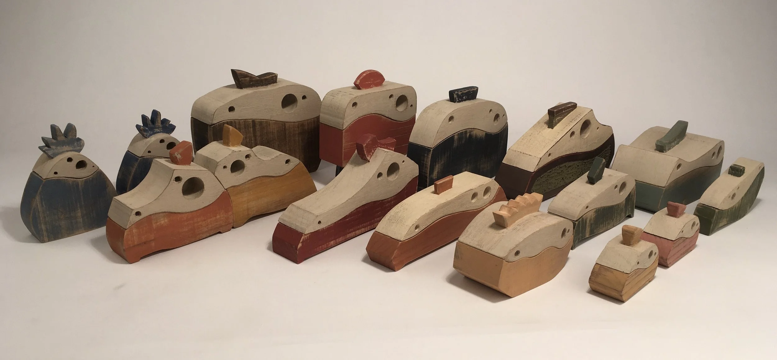  On going DinoBoxes Series.&nbsp; They were never given a name, only a number. Various sizes, from 1.5" in length to 12". 