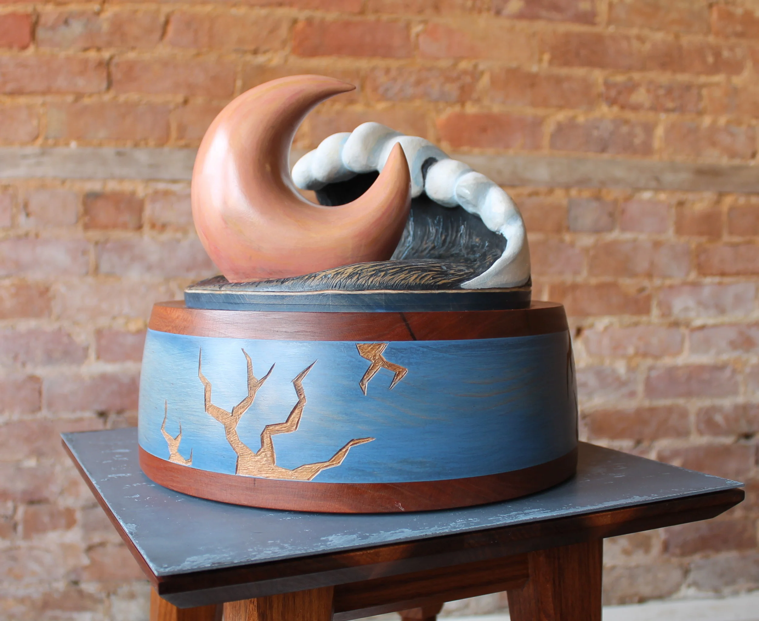   “Grapefruit Moon” 14” x 14” x 32”&nbsp; Walnut, Cherry, Maple, Masonite, Milk paint, Prismacolor 2015  