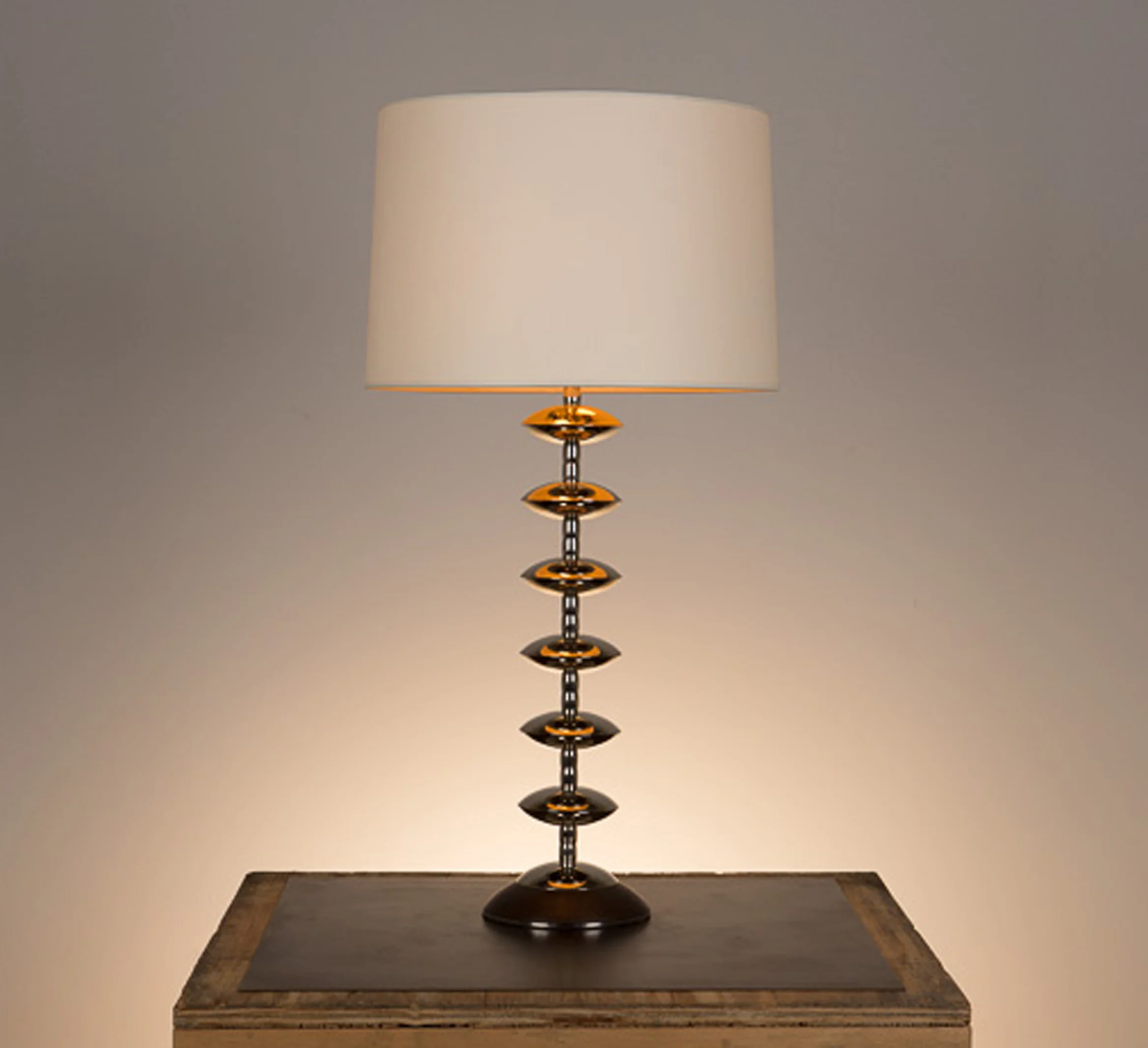Alcazar Table Lamp #2 Kona walnut base, polished nickel fittings. Semi-closed top lamp shade in vellum.