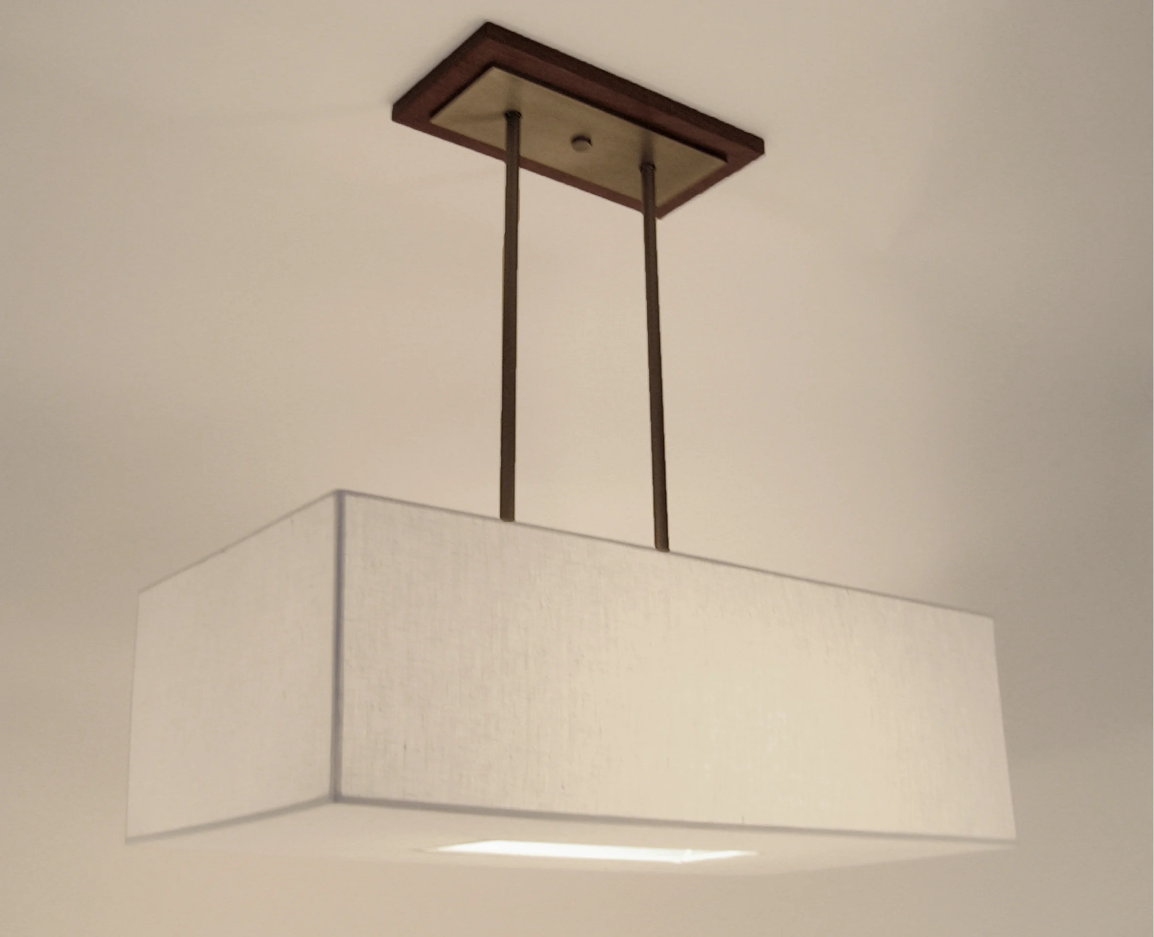 Diego Double Pendant Medium walnut canopy with pewter fittings / white linen shade.