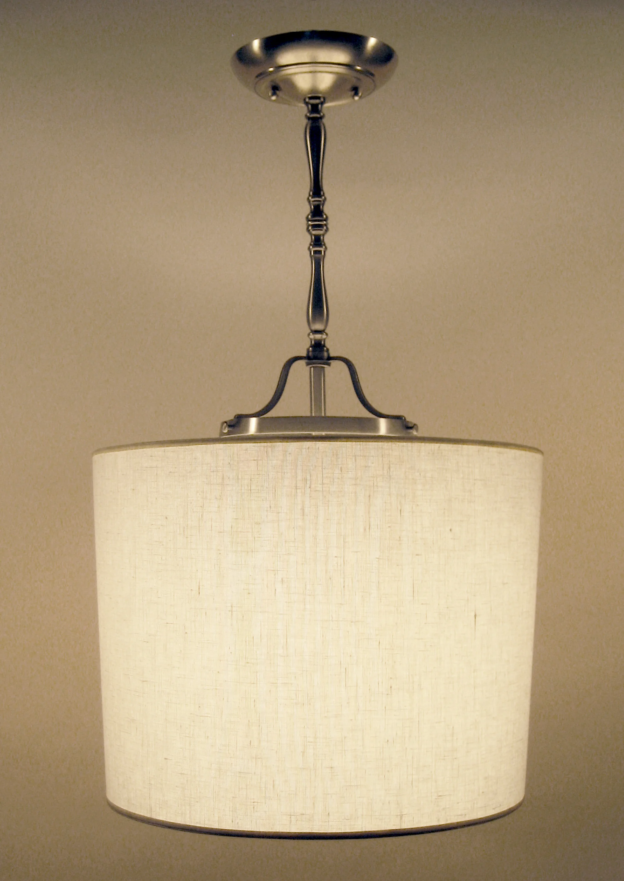 Modified Laura Pendant Satin nickel / white linen shade.