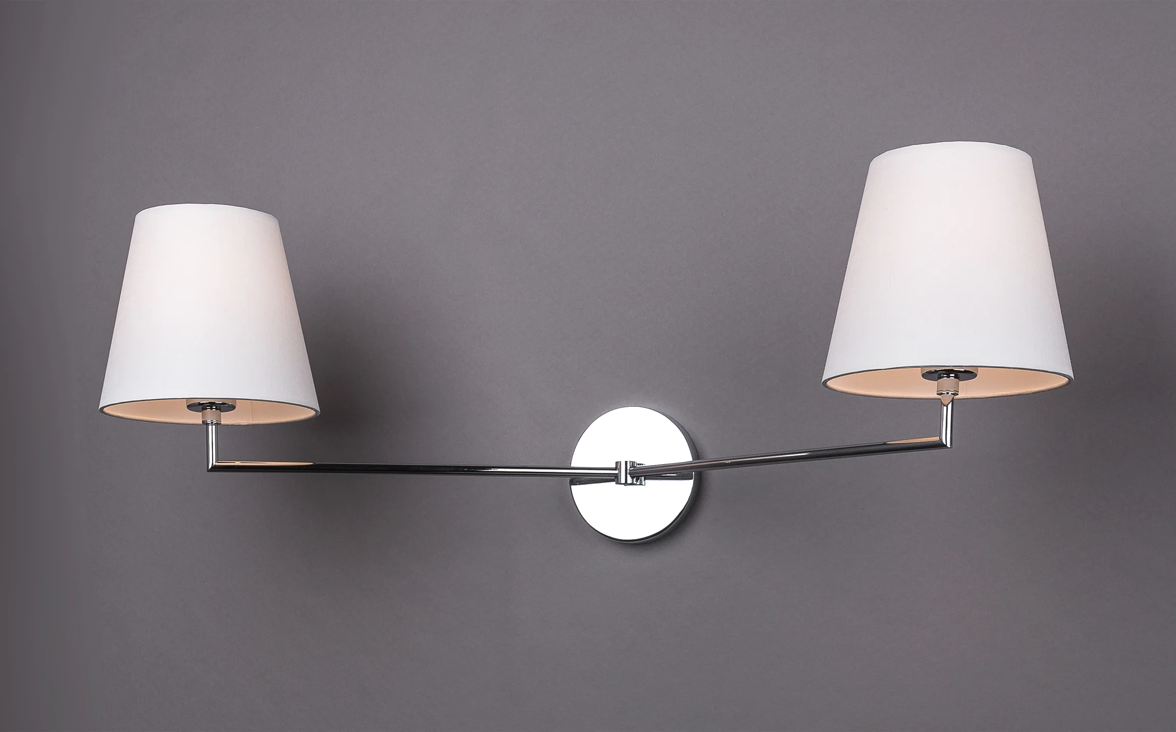 Jasper J Double Arm Sconce Polished nickel / off-white pongee silk shades.