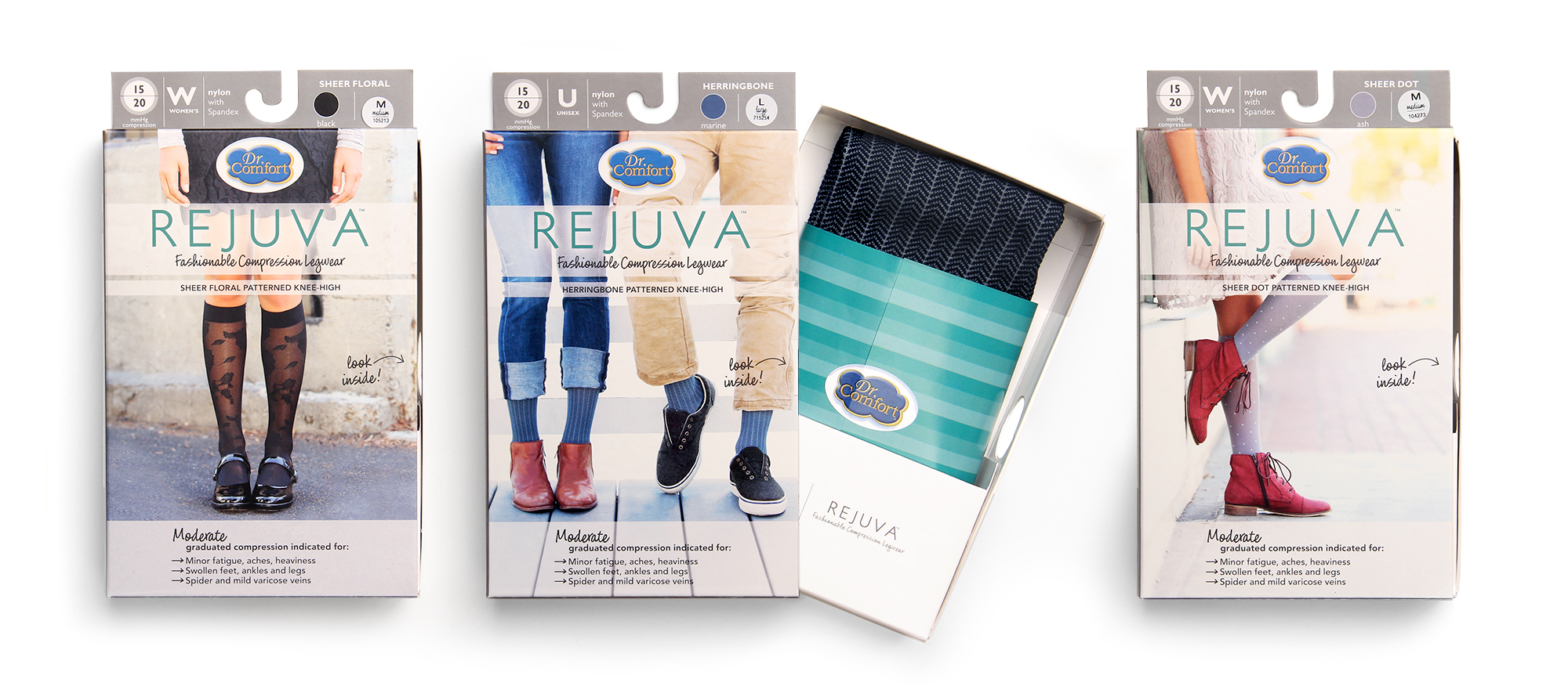 *Three package designs for Dr. Comfort® Logo and Rejuva™ compression socks