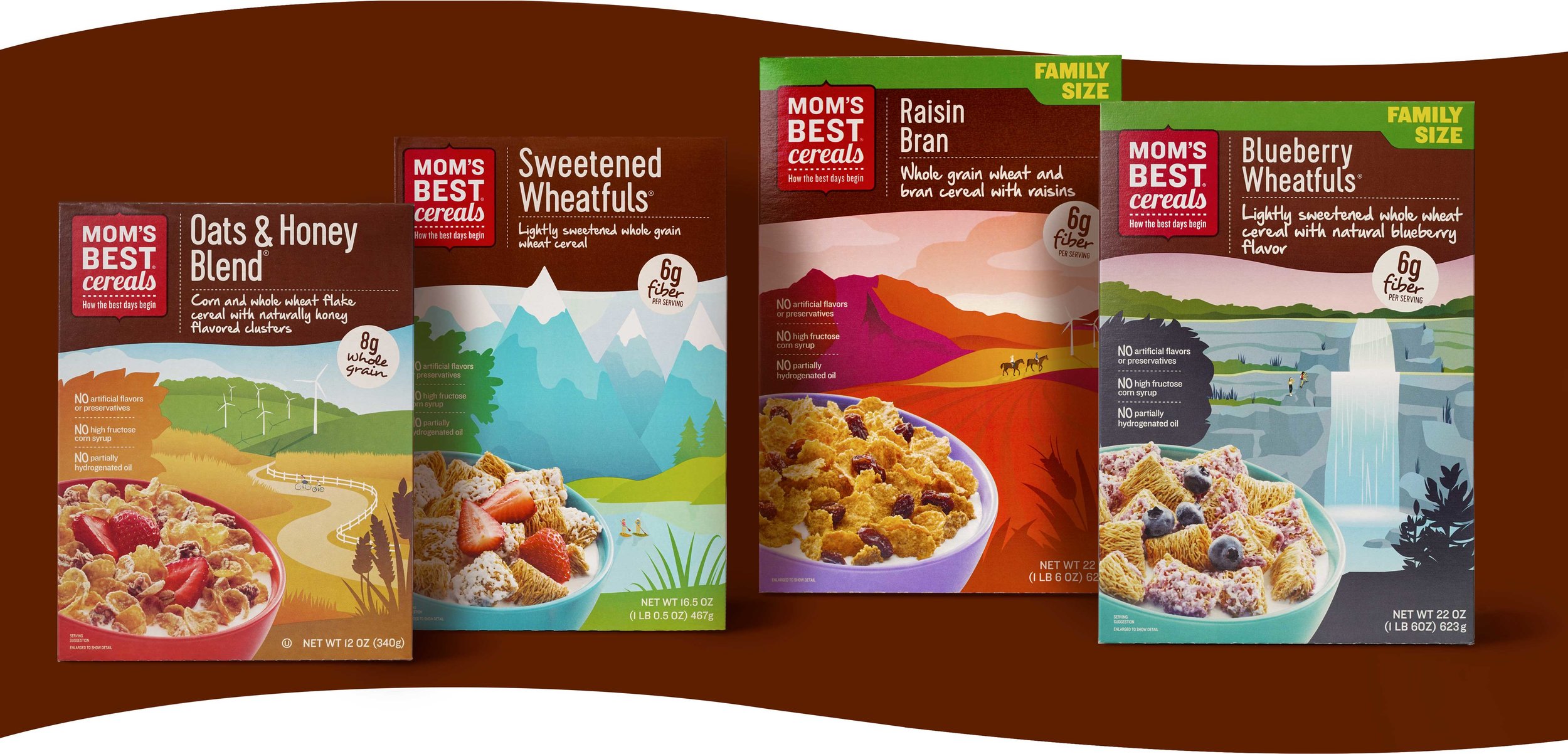 *Four different cereal box designs for Mom's Best® cereal varieties
