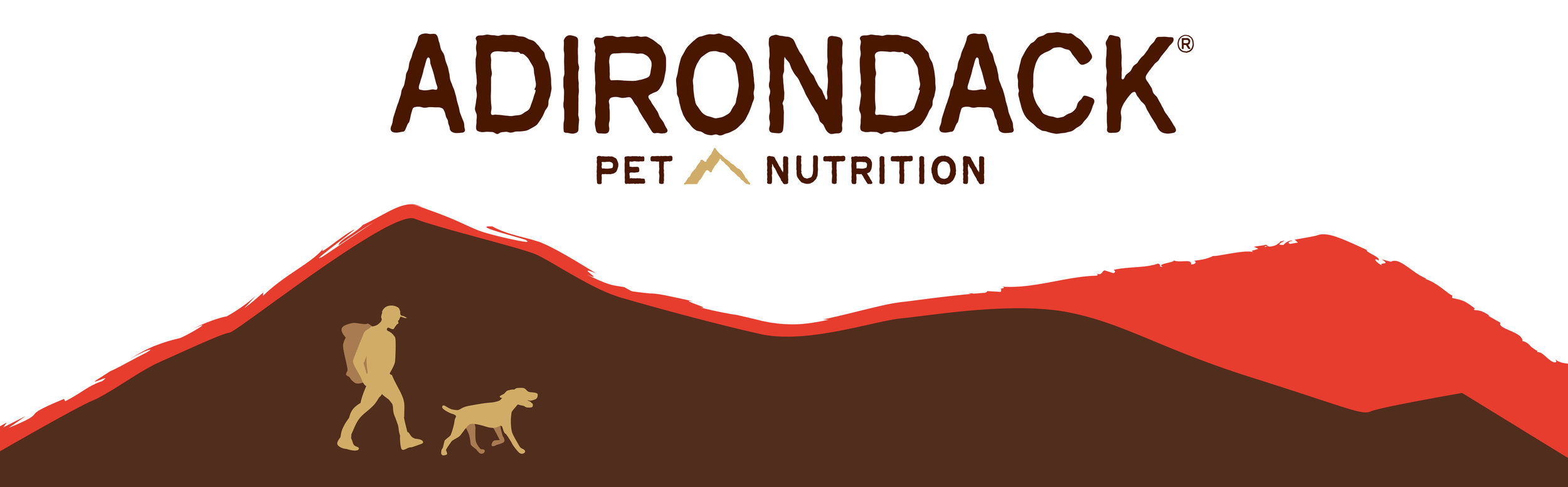 *Adirondack pet nutrition logo and illustration of hiker and dog