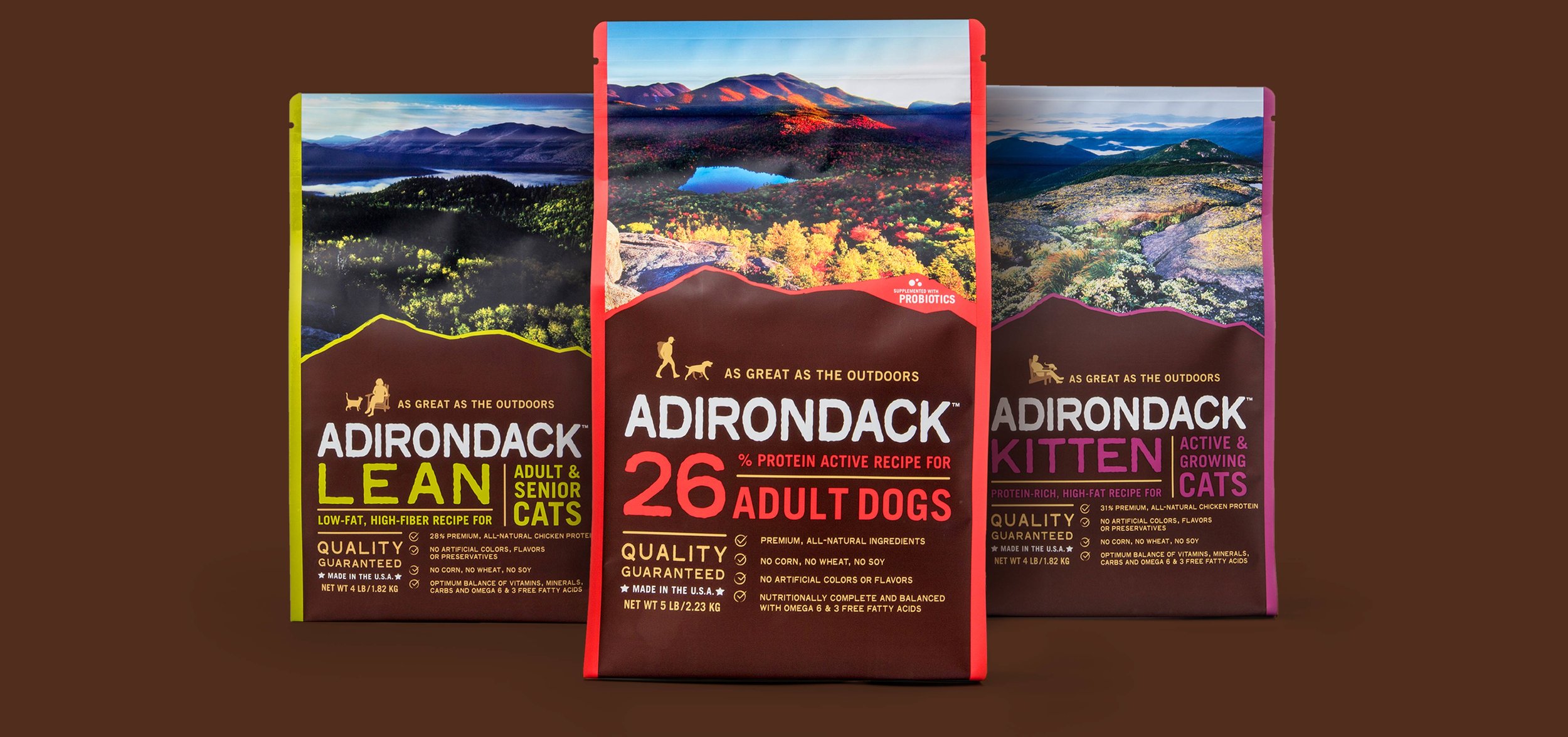 *Three package designs for Adirondack™ dog food
