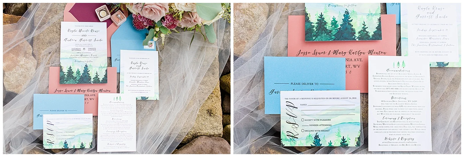  These beautiful invitations were executed by Rock Paper Sisters and the mountains for the background were hand painted by the Bride’s mom!! 