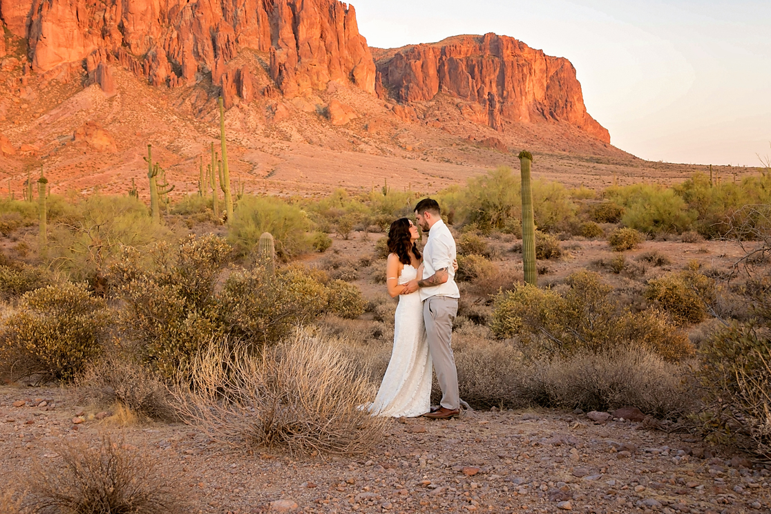 Bohemian Bride and Groom in front of Desert Mountain.jpg