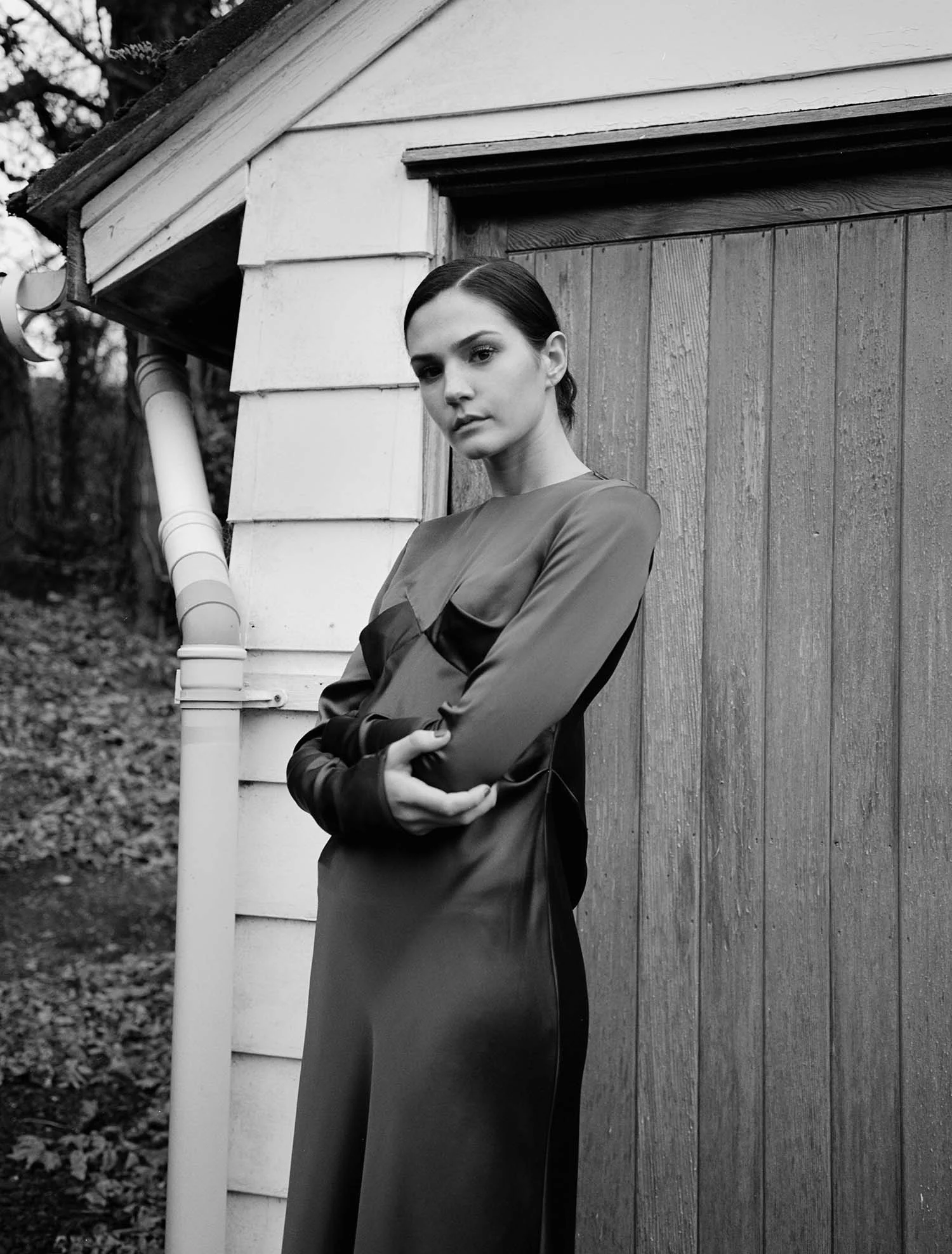black satin bias-cut dress