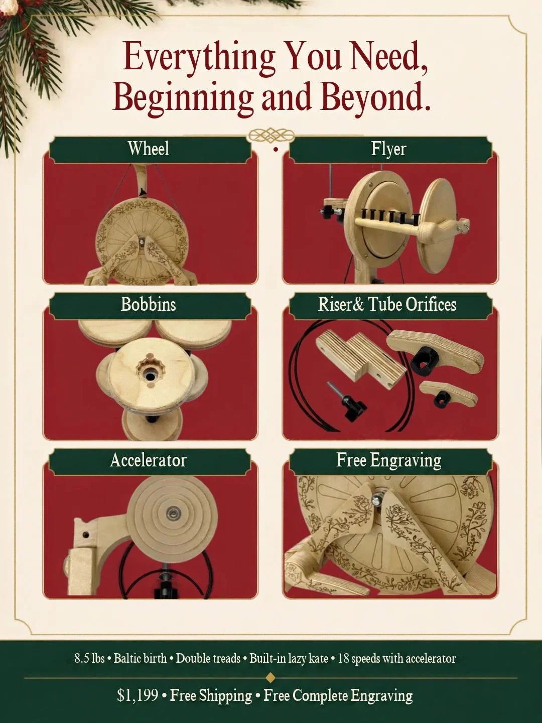 Engraved SpinOlution Pollywog holiday bundle with wheel, flyers, bobbins, riser, orifice bars and accelerator, offered for $1,199.