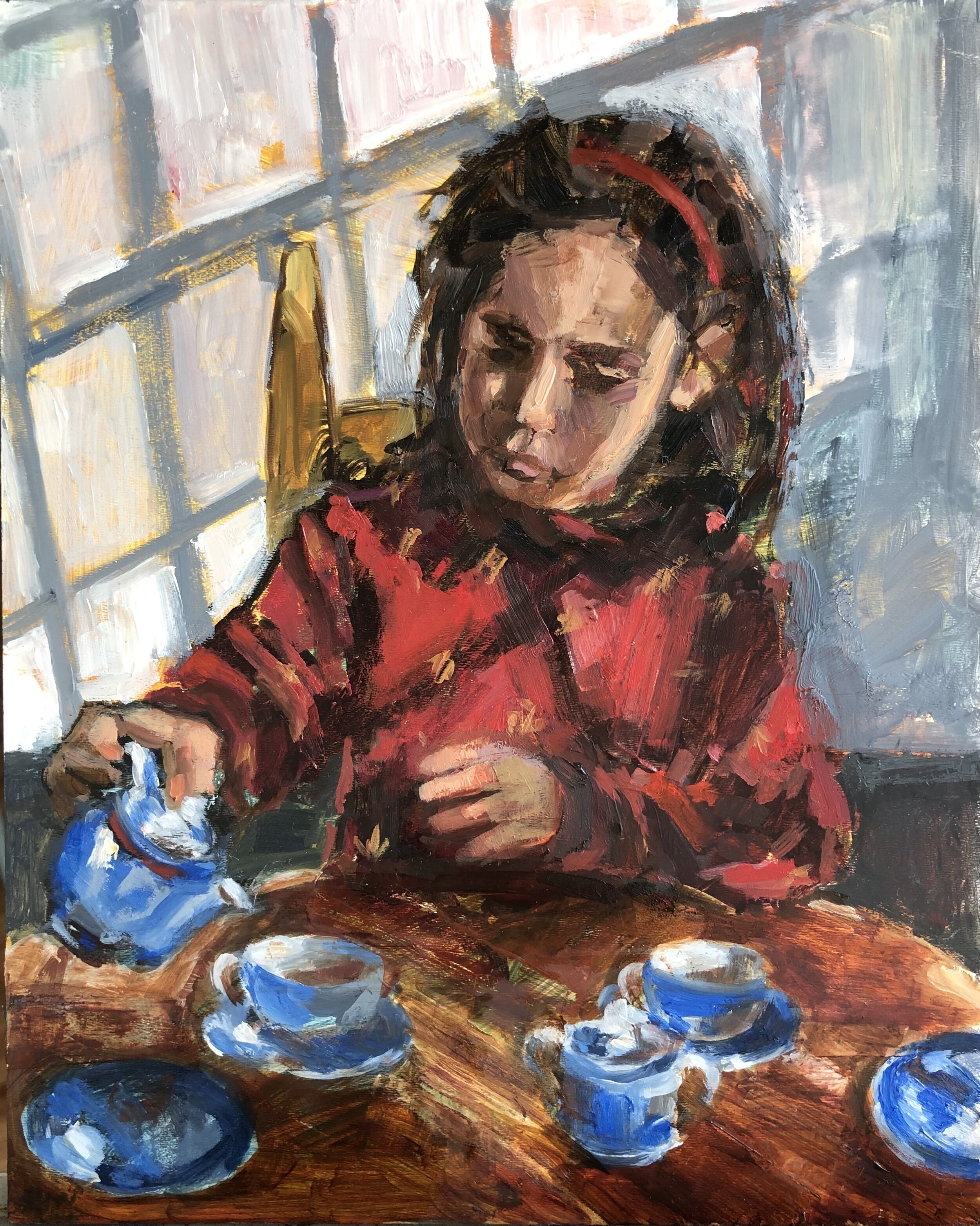 Madelyn at tea, Oil on board, 8"x10", SOLD