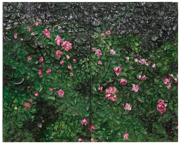 Julian Schnabel, Rose Painting (Near Van Gogh's Grave) X, 2016 Oil, plates and bondo on wood © Julian Schnabel StudioPhotograph by Gary Mamay, Courtesy of Pace Gallery
