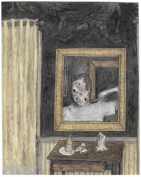 Dan Herschlein, The Unseen Guest, 2017 Graphite, pigmented wax, milk paint, colored pencil on paper Courtesy of the Artist and JTT, NewYork