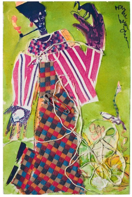 Bayou Fever, The Buzzard and the Snake, 1979 Collage on fiberboard with attached string and safety pin 9 x 6 inches © Estate of Romare Bearden. Courtesy of DC Moore Gallery, New York. 