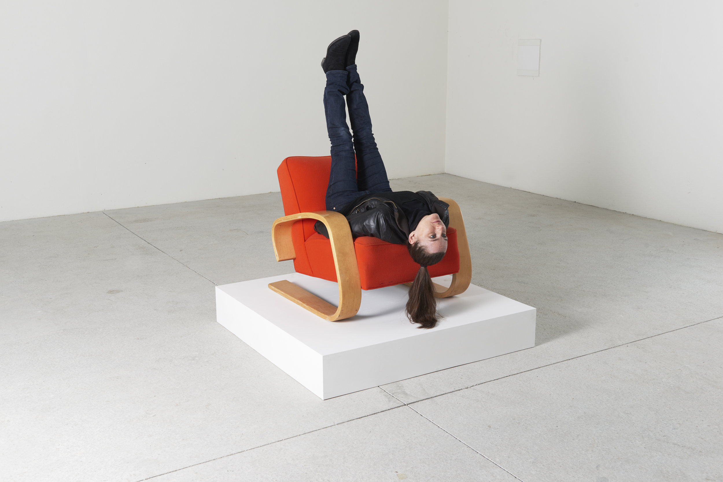 Erwin Wurm, Spaceship to venus, One Minute Sculpture, 2016 instruction drawing, Aalto Tank lounge chair, model 37, and realized by public Courtesy the artist and Lehmann Maupin, New York and Hong Kong Photograph/ Eva Wuerdinger