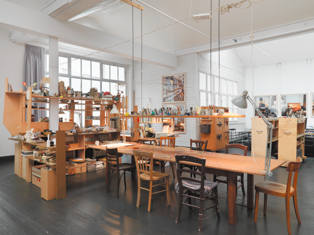 Dieter Roth / Björn Roth, The Studio of Dieter and Björn Roth, Ackermannshof, Basel 1995 – 2008 Mixed media installation; worktables, photographs, various objects Dimensions variable