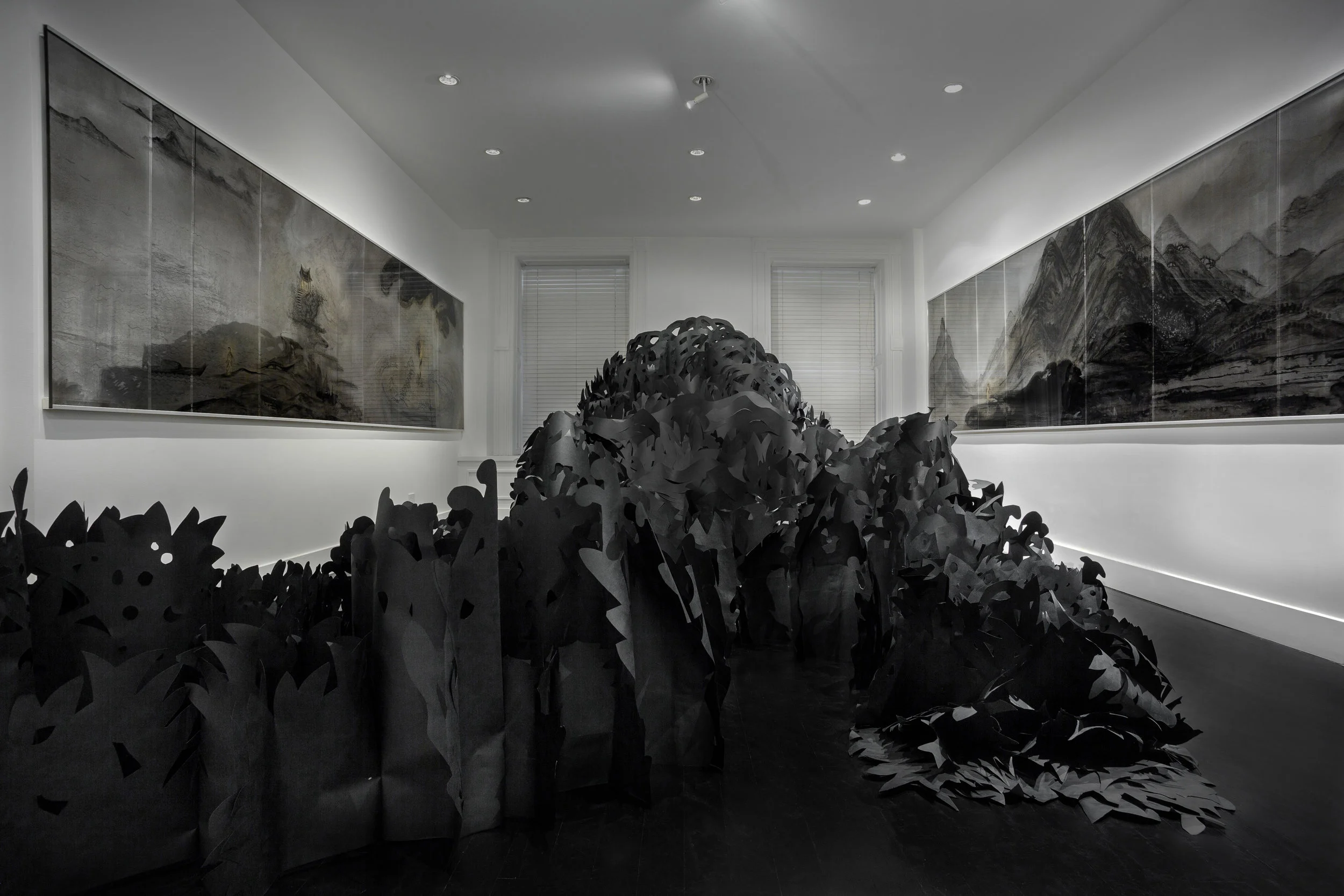 Jennifer Wen Ma, Eight Views of Paradise Interrupted , Ink, paint, acrylic panels, paper, projection. Sandra Gering Inc, New York, 2017 Photo by Daniel Terna