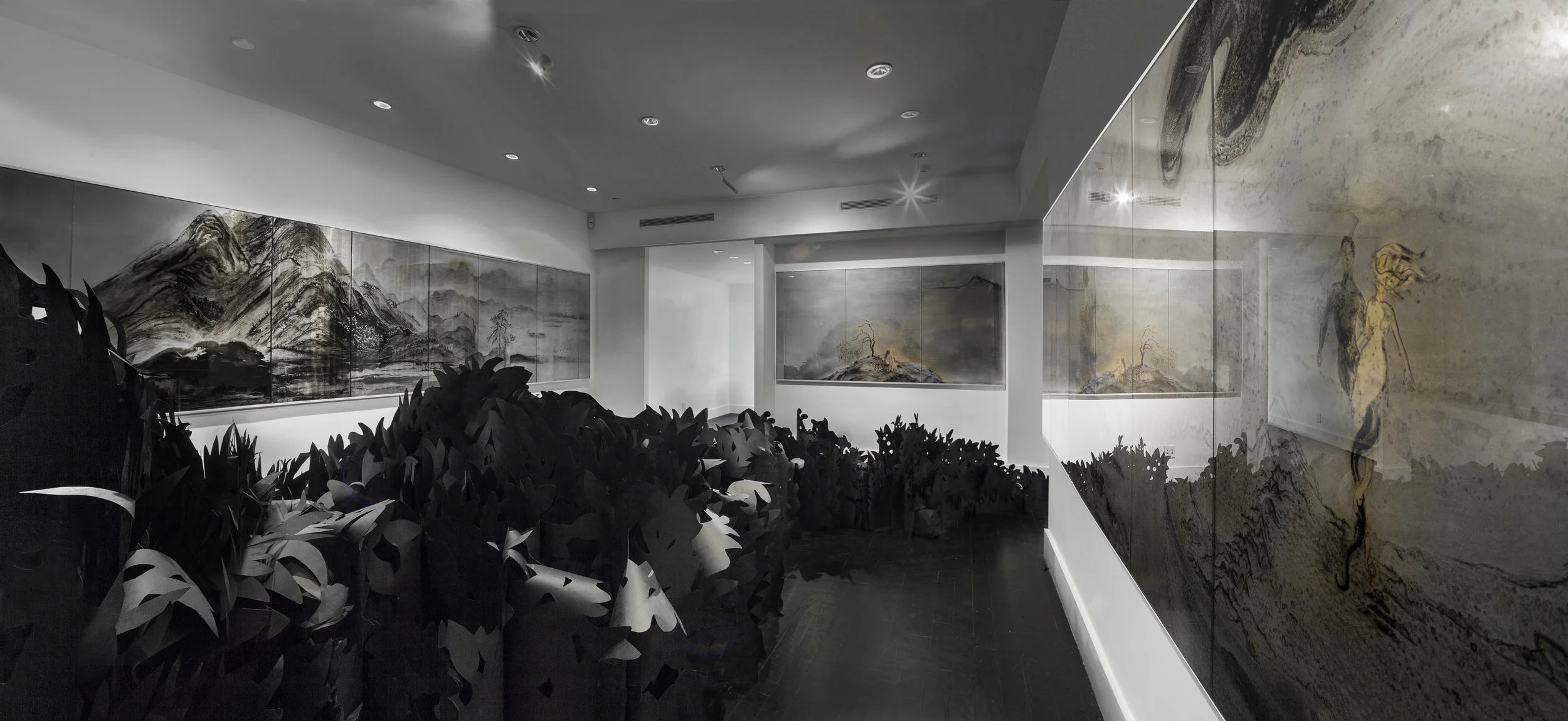 Jennifer Wen Ma, Eight Views of Paradise Interrupted , Ink, paint, acrylic panels, paper, projection. Sandra Gering Inc, New York, 2017 Photo by Daniel Terna