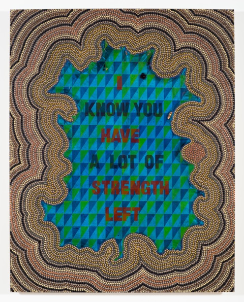 Jeffrey Gibson, Making the Best of A Bad Situation 2017 Glass beads, artificial sinew, tin jingles, metal studs, acrylic felt, canvas, and wood panel Courtesy of Jeffrey Gibson Studio Photo/ Peter Mauney