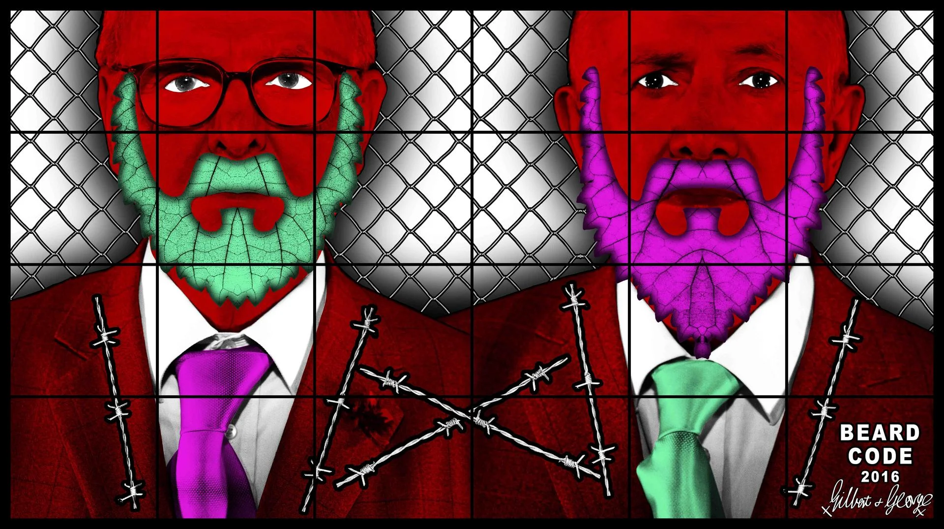 GILBERT & GEORGE BEARD CODE, 2016 mixed media 100 x 177.95 inches 254 x 452 cm LM25901 © Gilbert & George. Courtesy the artists and Lehmann Maupin, New York and Hong Kong.
