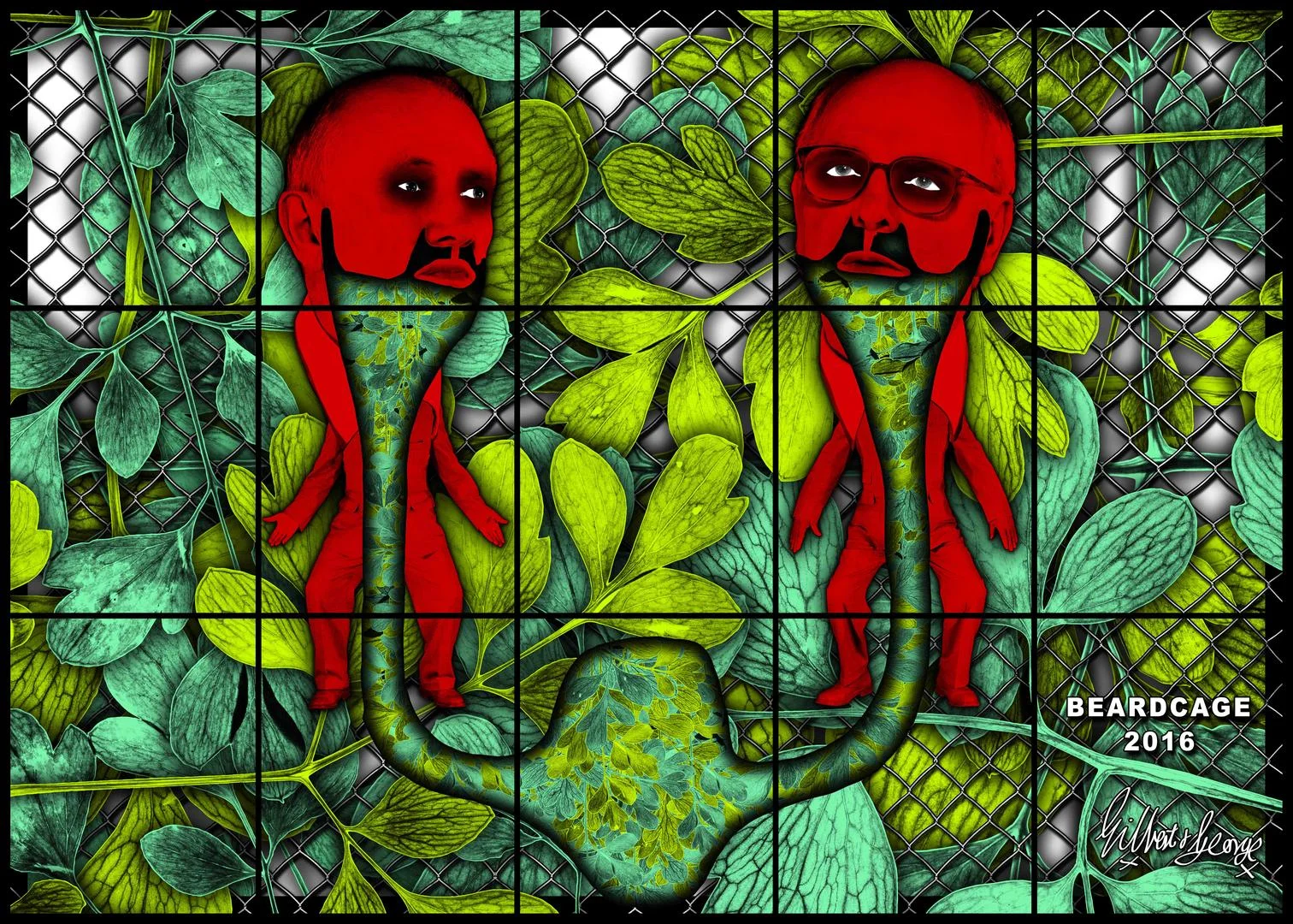 GILBERT & GEORGE BEARDCAGE, 2017 mixed media 88.98 x 124.8 inches 226 x 317 cm LM25895 © Gilbert & George. Courtesy the artists and Lehmann Maupin, New York and Hong Kong.
