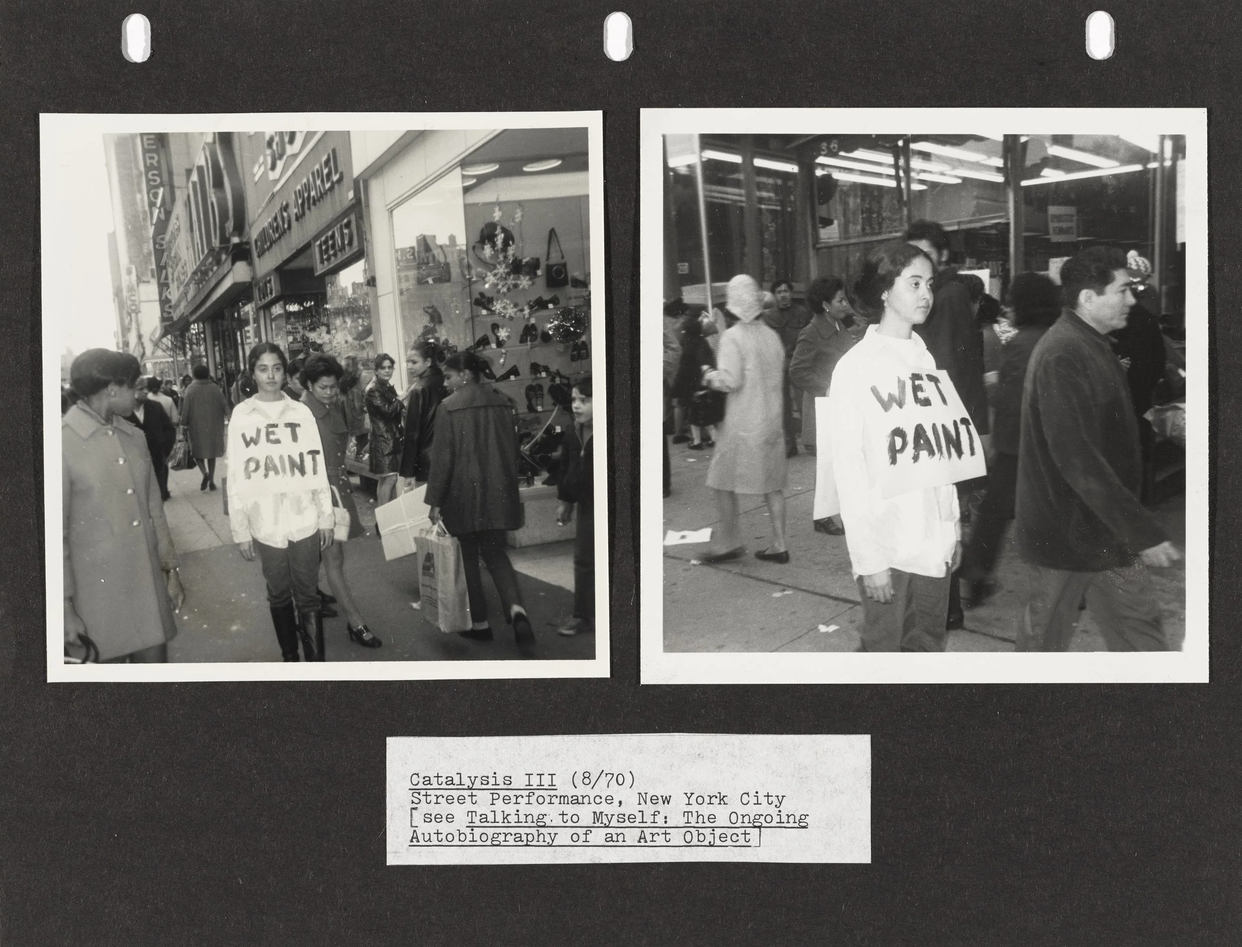 Adrian Piper Catalysis III. 1970. Documentation of the performance. Two gelatin silver prints and text mounted on colored paper. Overall 8 1/2 × 11 in. (21.6 × 27.9 cm). Photographs by Rosemary Mayer. Collection Thomas Erben, New York. © Adrian Piper Research Archive Foundation Berlin