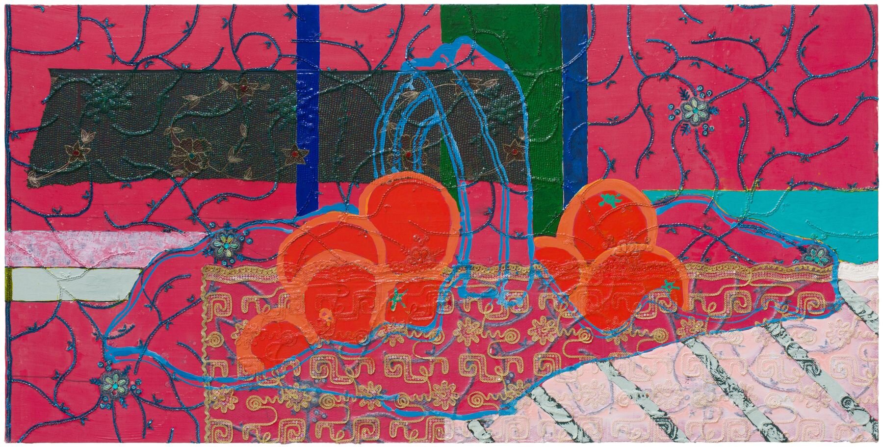 Betty's Blue Basket with Oranges, 2018 Oil, acrylic, silk brocade, embroidery, sequins, rhinestones, and beads on canvas 36 x 72 inches