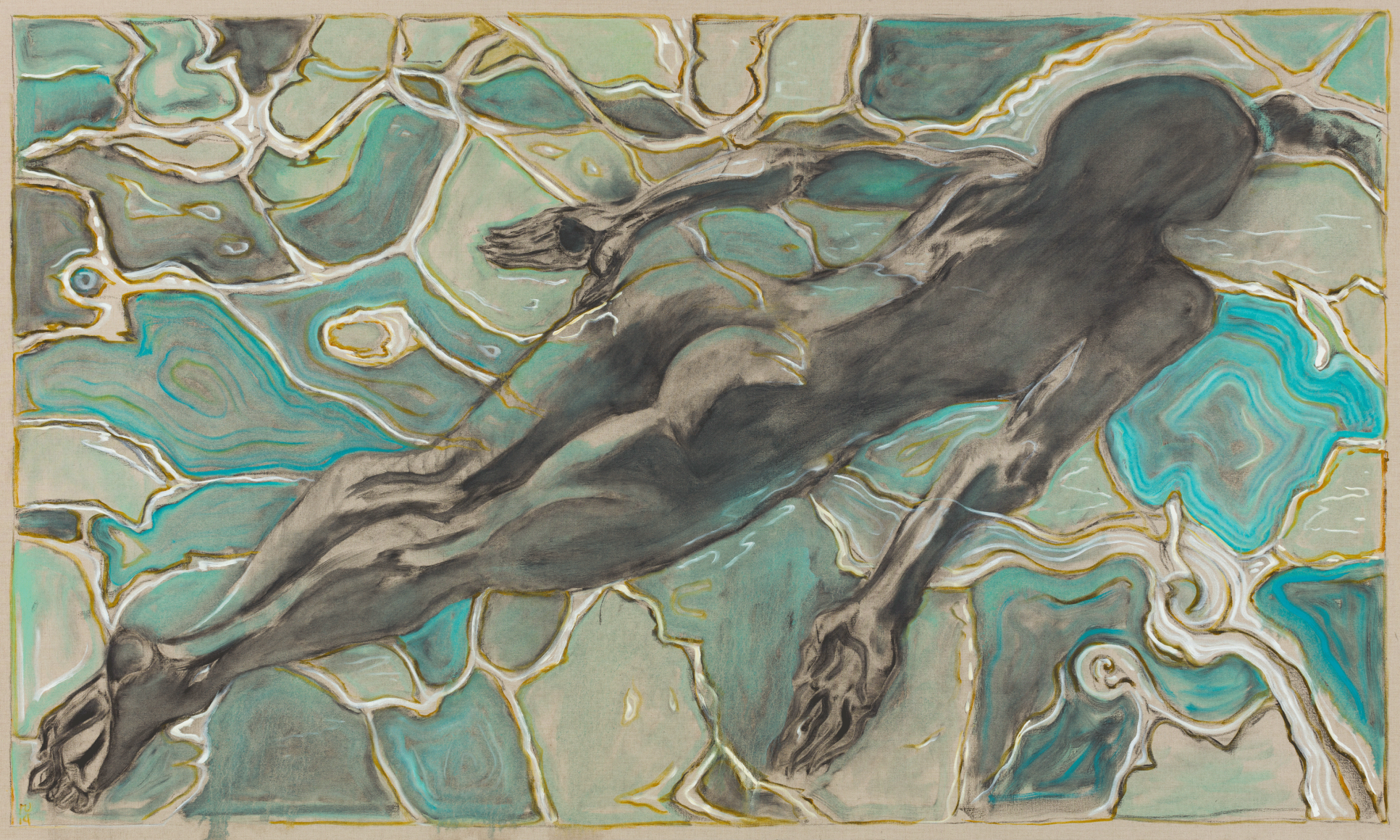 BILLY CHILDISH swimmer under water, 2019 Oil and charcoal on linen 72.05 x 120.08 inches 183 x 305 cm