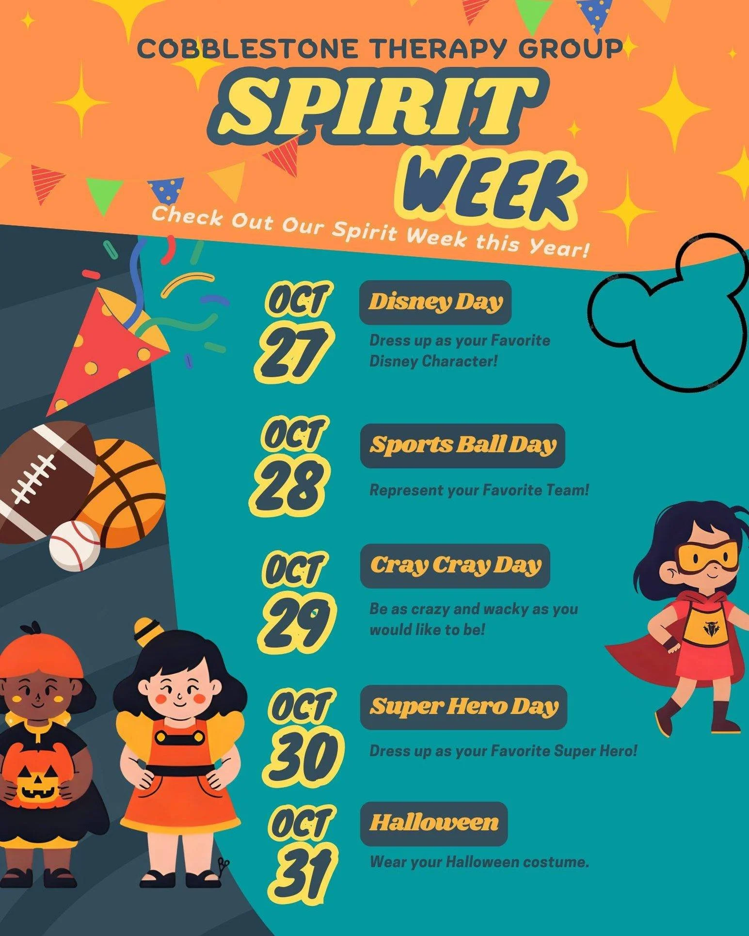 Get Ready for SPIRIT WEEK at Cobblestone Therapy Group! It&rsquo;s Happening Next Week! 🎉

We&rsquo;re counting down the days to one of our favorite times of the year! 💙 Next week, we&rsquo;re celebrating Cobblestone Spirit Week, and we can&rsquo;t