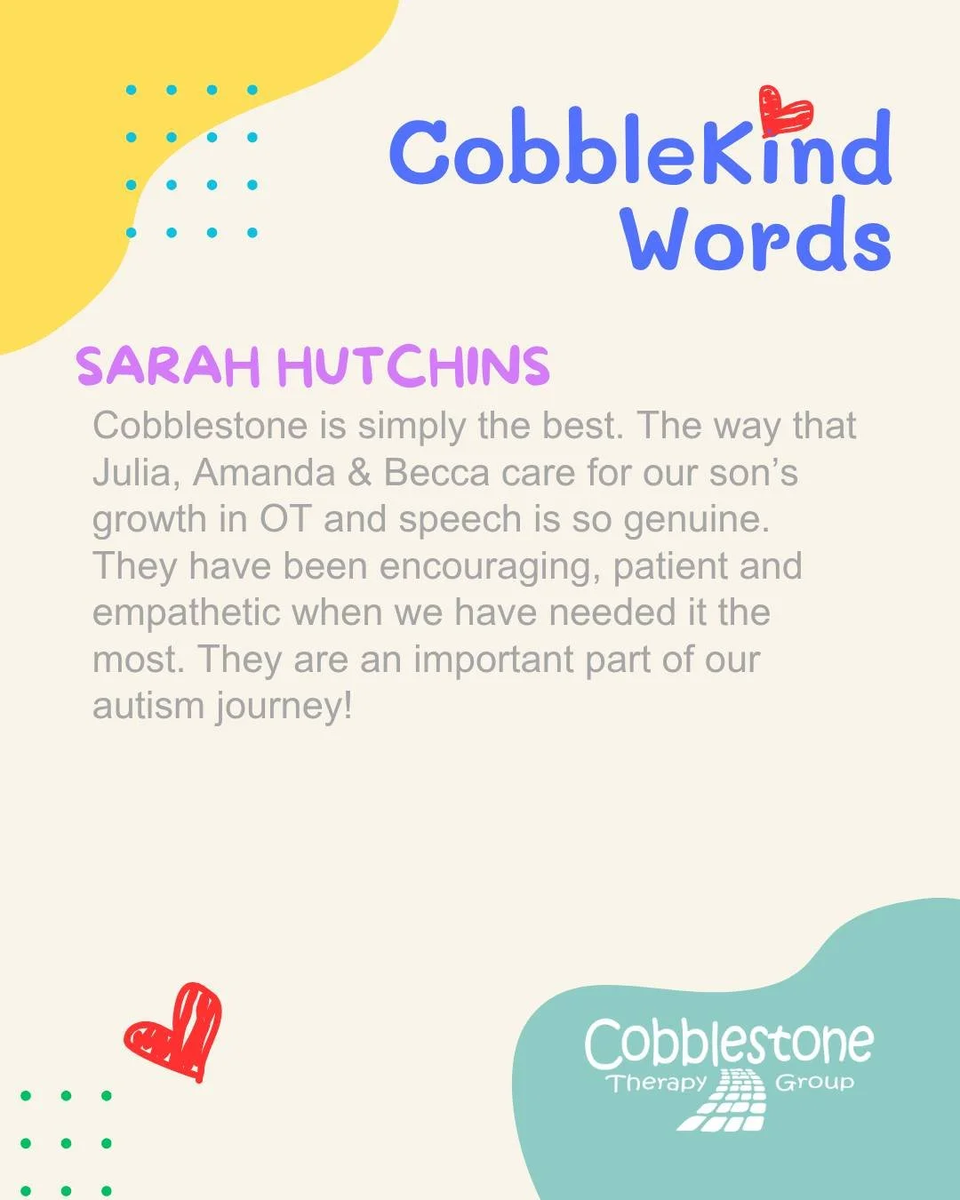We are so grateful for families who share their journey with us. 💙 Sarah Hutchins shared these kind words about her son&rsquo;s growth with OT and speech at Cobblestone Therapy Group:

&ldquo;Cobblestone is simply the best. The way that Julia, Amand