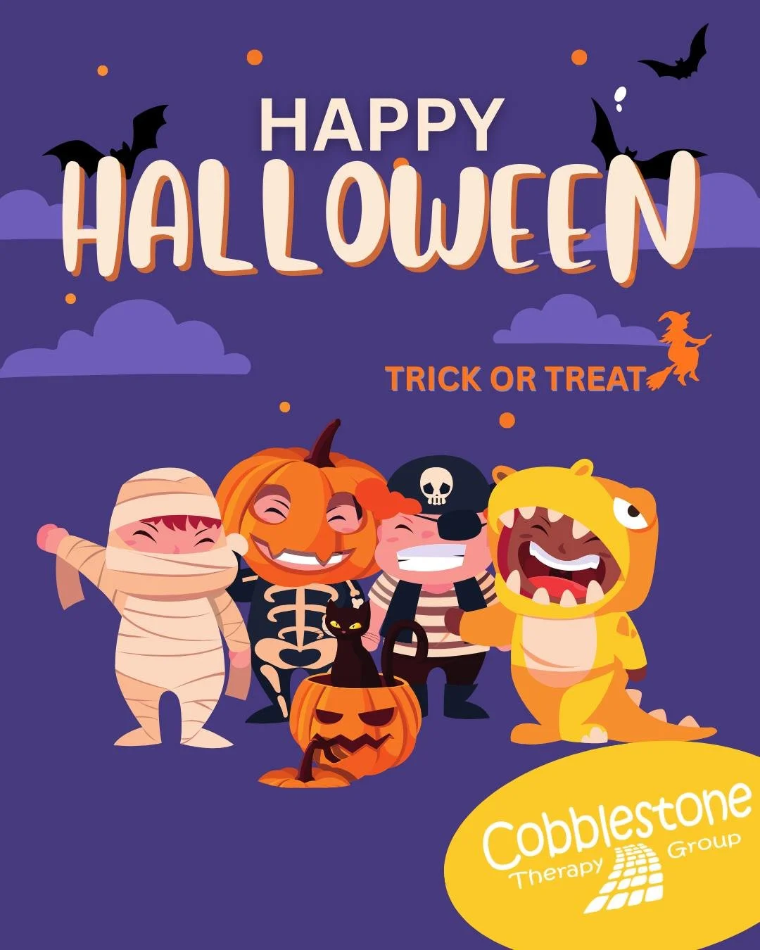 Happy Halloween from all of us at Cobblestone Therapy Group! 👻🎃
Wishing our kiddos, families, and friends a day full of fun, laughter, and just the right amount of spookiness! 💜🕸️
#HappyHalloween #CobblestoneTherapy #SpookyFun #TherapyWithHeart